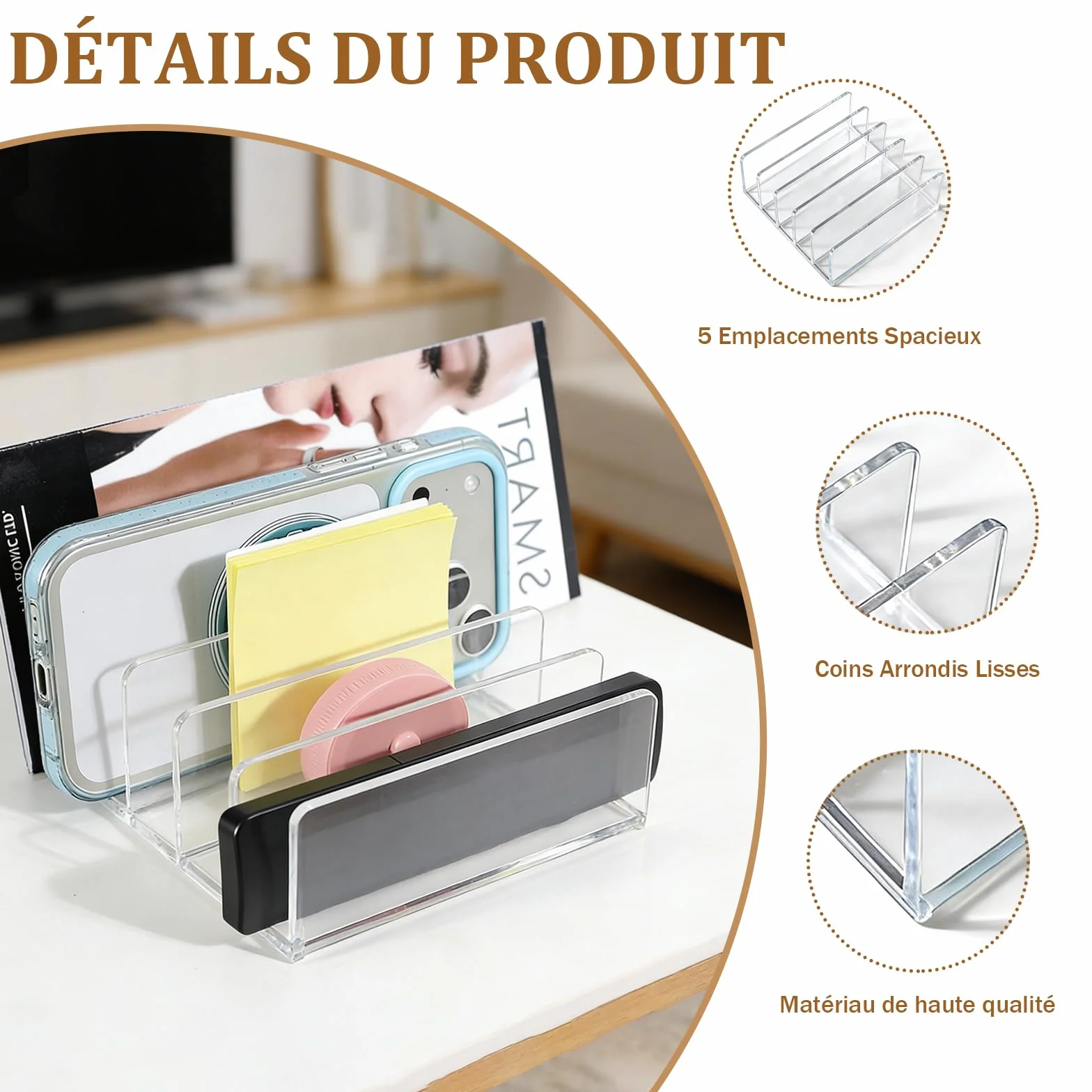 Organisateur de Bureau Acrylique 5 Compartiments Range Document Corbeille à Courrier