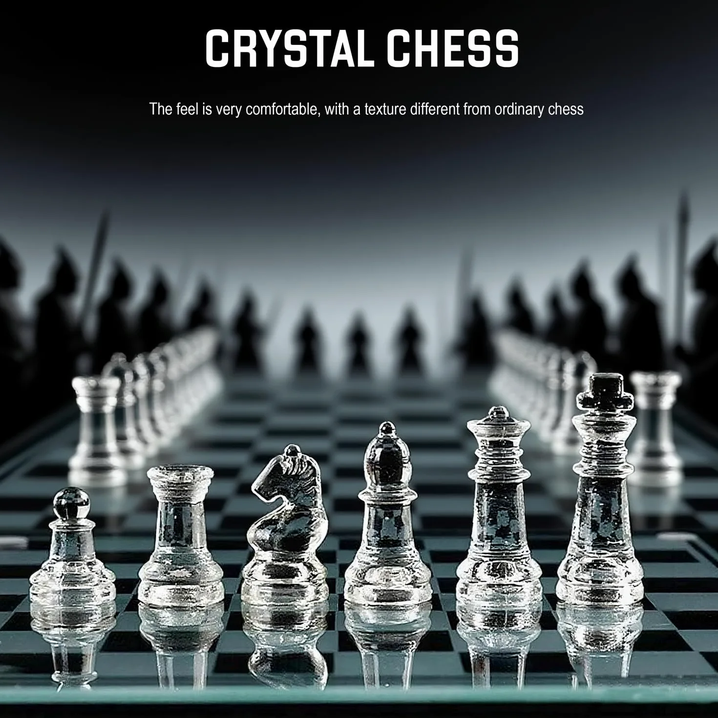 Jeu d'échecs en verre fin - Échecs en verre massif et échiquier miroir en cristal 25,4 x 25,4 cm - Cadeau pour adolescents et adultes - Noir