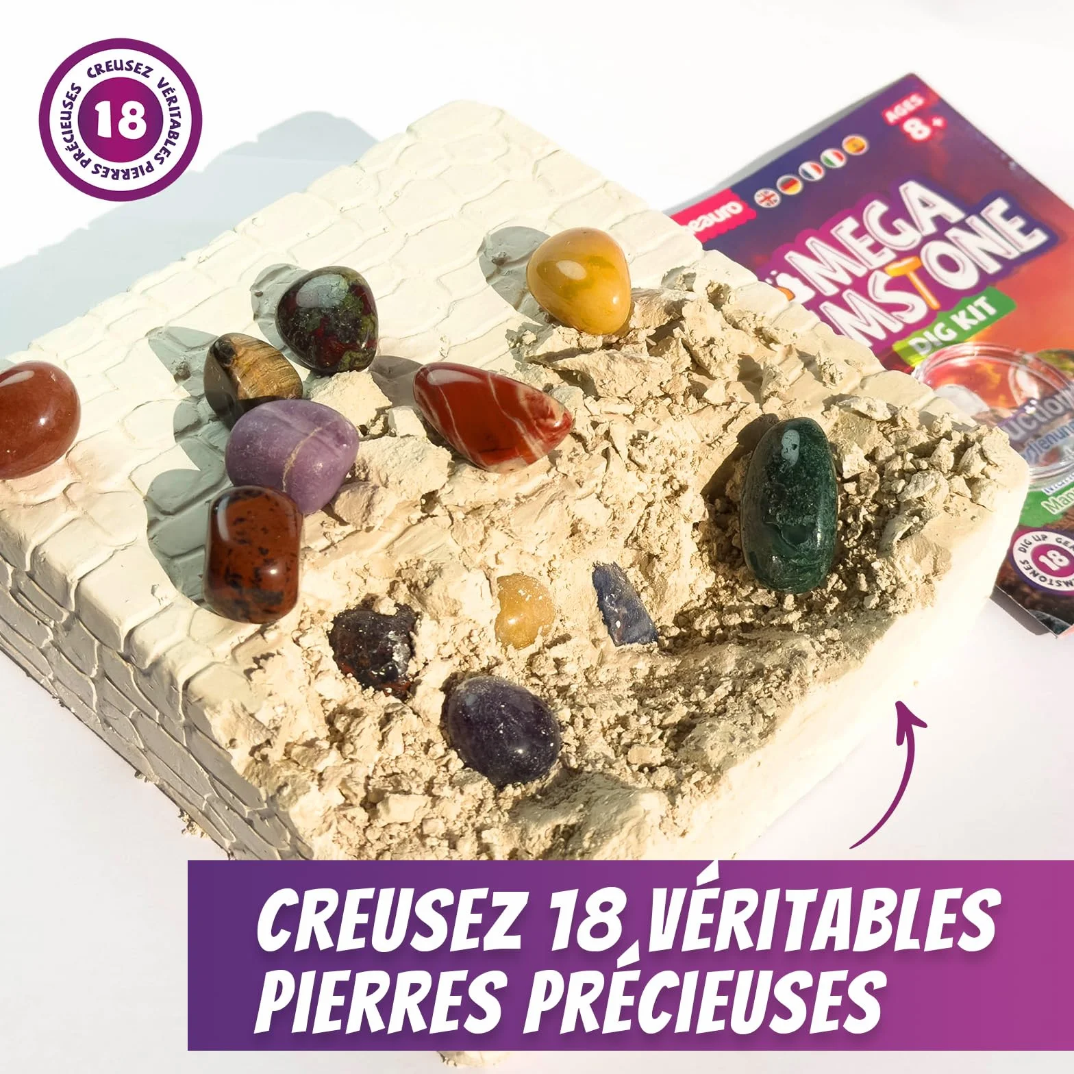 Kit de Fouille de Pierres Précieuses pour Enfants – 18 Cristaux, Minéraux et Roches Réels – Dès 8 Ans