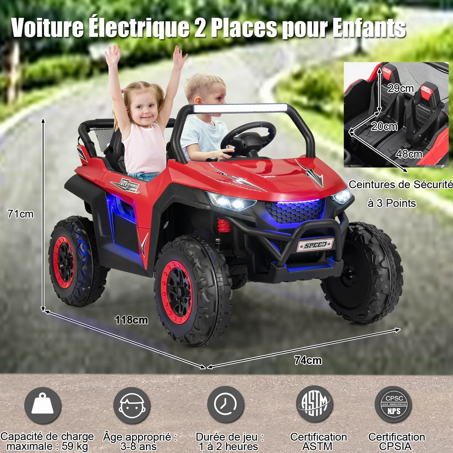 SOARS Voiture Electrique Enfants, Quad Electrique Enfants à 2 Places avec Multimédia, Télécommande 2,4G pour Parents, Durée de 60 à 120 Min, Charge Maximale 59 KG, Cadeau Fille Garçon 3-8 Ans (Rouge)