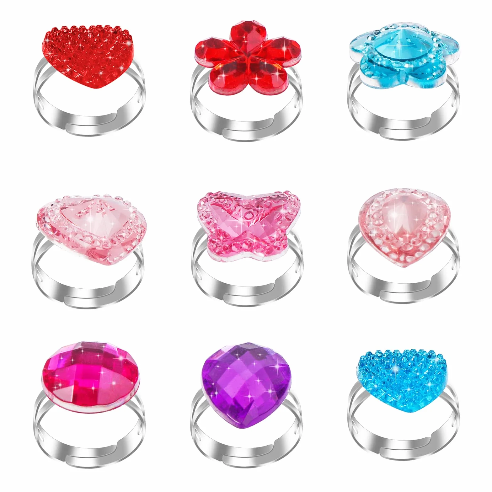 ASTER Lot de 9 bagues réglables pour fille avec cristaux métal fer pierre précieuse acrylique résine