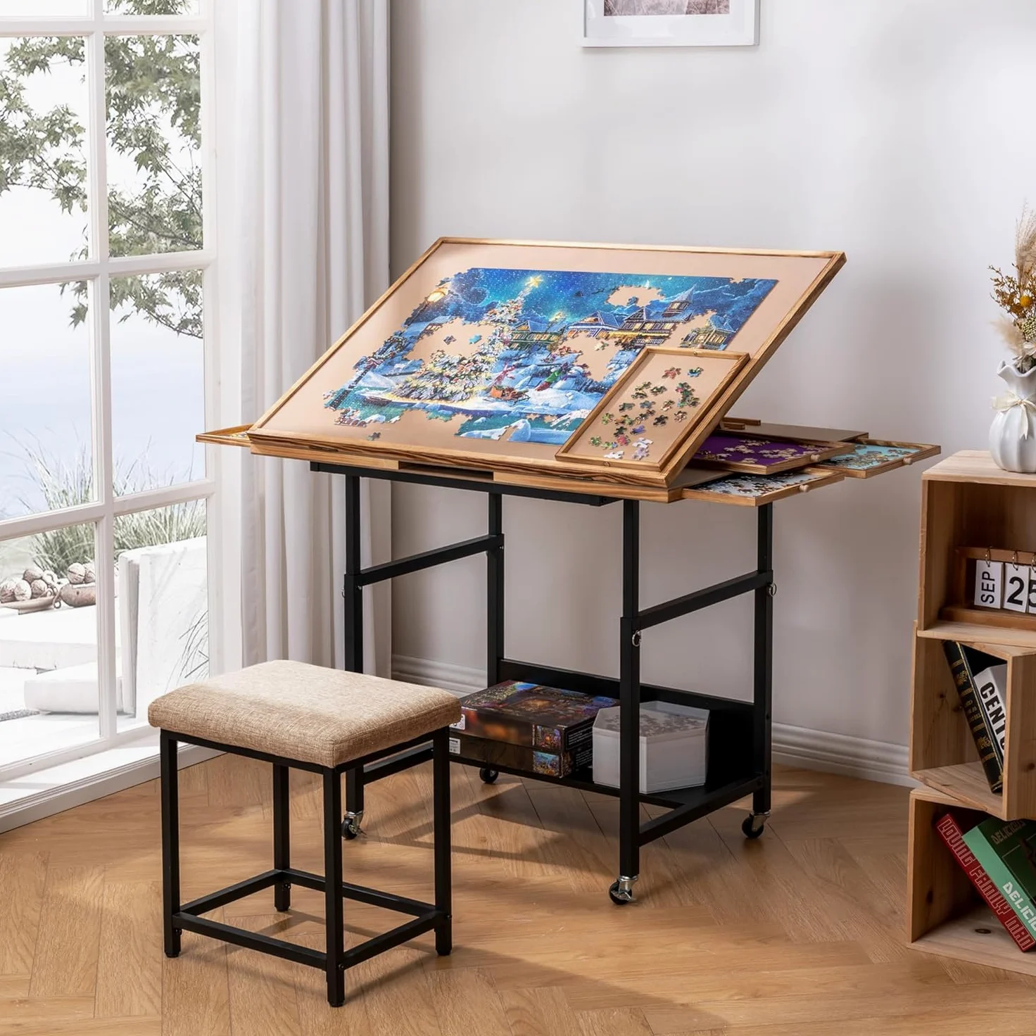 Planche puzzle avec 4 tiroirs et couvercle en PVC, planche de puzzle inclinable avec réglage en hauteur pour jusqu'à 1500 pièces, avec 4 roulettes