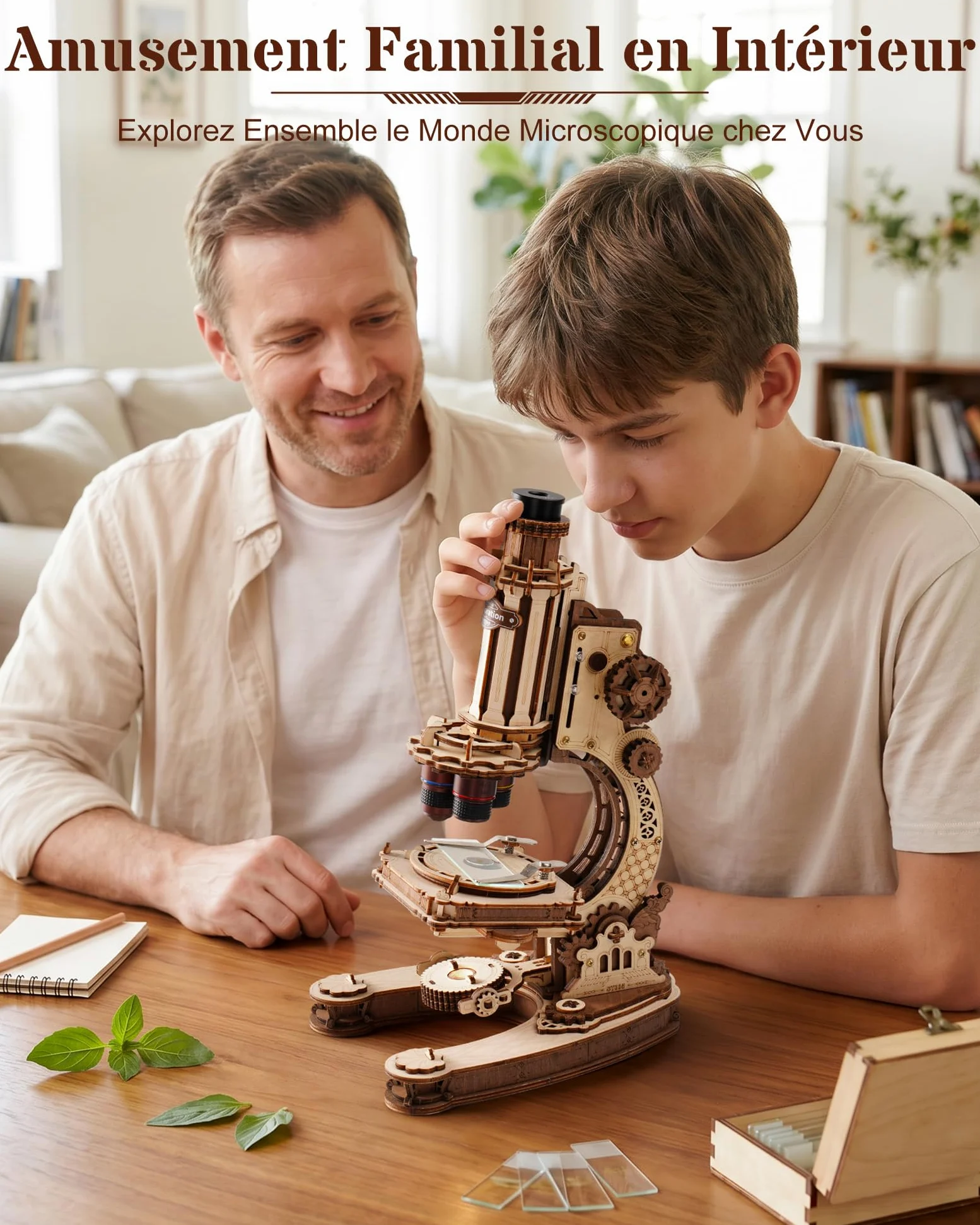 ROKR Puzzle en Bois 3D Microscope Fonctionnel ST005, kit modèle mécanique | Grossissement de 400x éclairage LED réglable Cadeau STEM