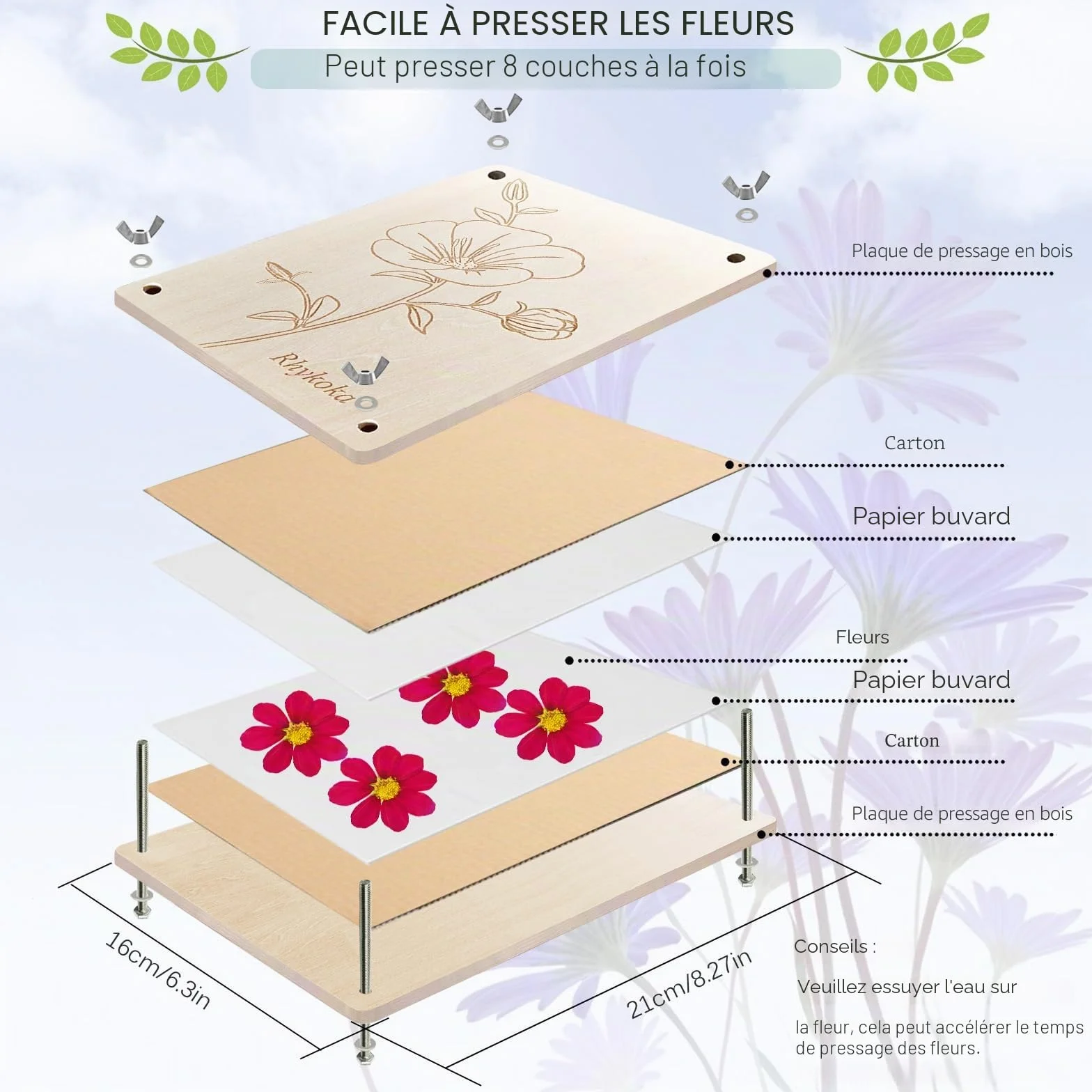 Presse à fleurs professionnelle 8 couches 16 x 21 cm kit en bois avec instructions