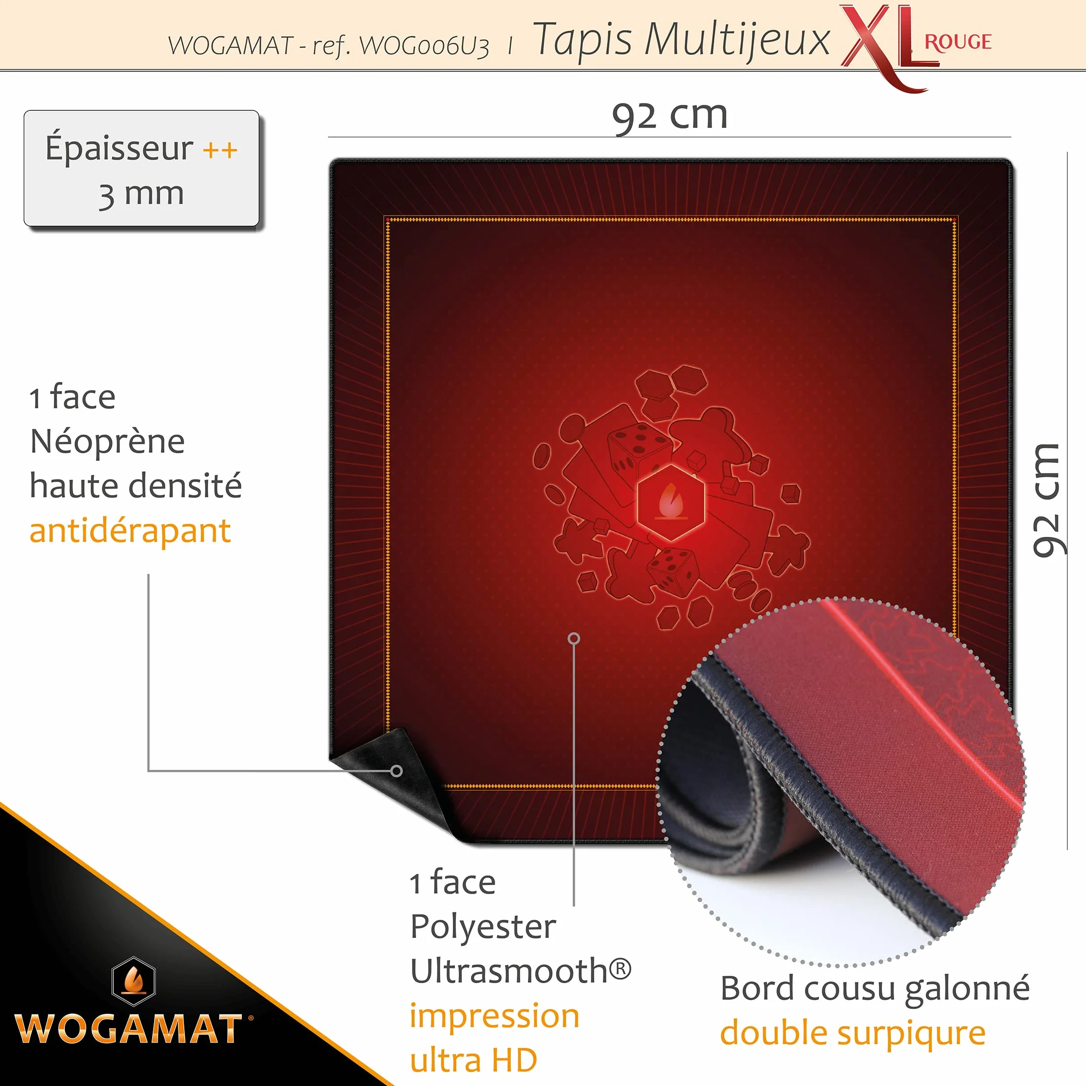 WOGAMAT Grand Tapis de Jeu Néoprène XL Rouge 92 x 92 cm Antidérapant Silencieux