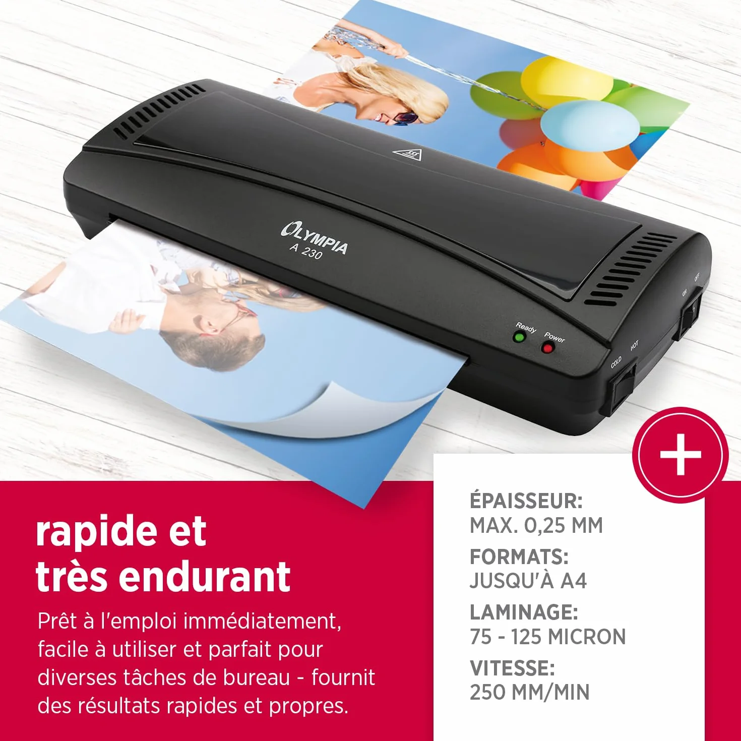 Olympia Plastifieuse A4 4 en 1 avec arrondisseur d'angle, coupe-papier et films de plastification