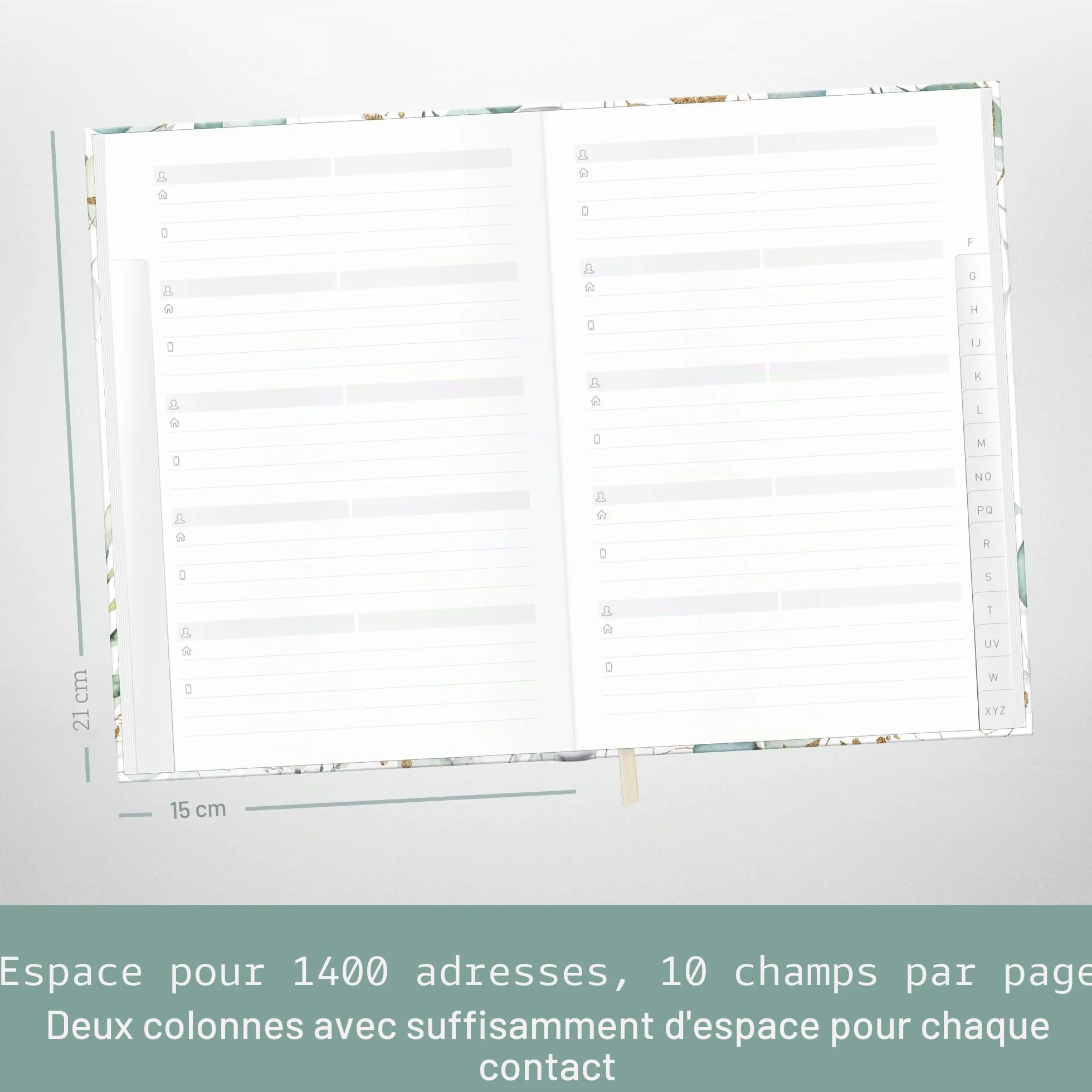 Carnet d'adresses A5 avec onglet A-Z Feuille d'or - durable et respectueux du climat