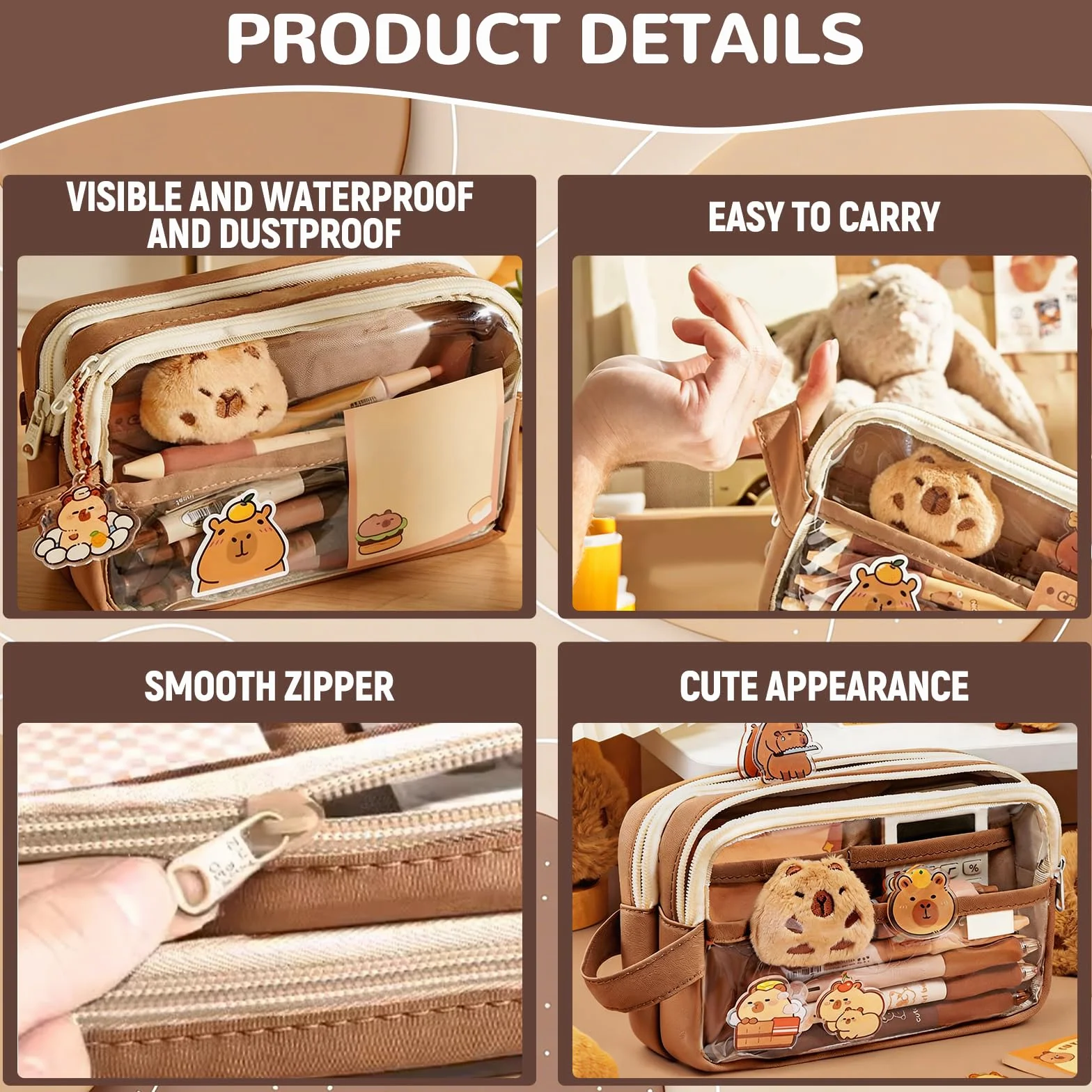 Trousse Capybara Kawaii Ensemble Papeterie avec Stylo Règle Autocollants Pins Porte-clés Blocs-Notes Grande Capacité Bureau École