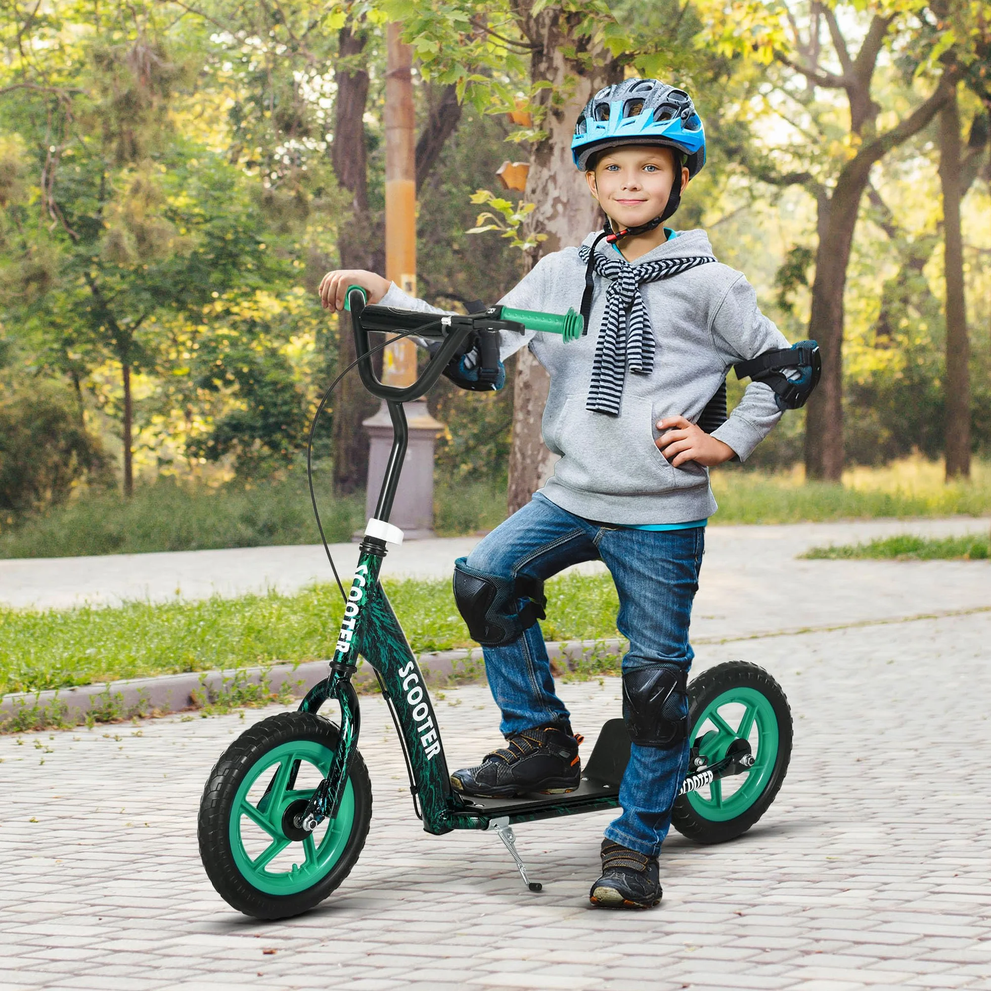 AIYAPLAY Trottinette Enfant 6-12 Ans Grandes Roues 30 cm Hauteur Réglable Frein Arrière Béquille