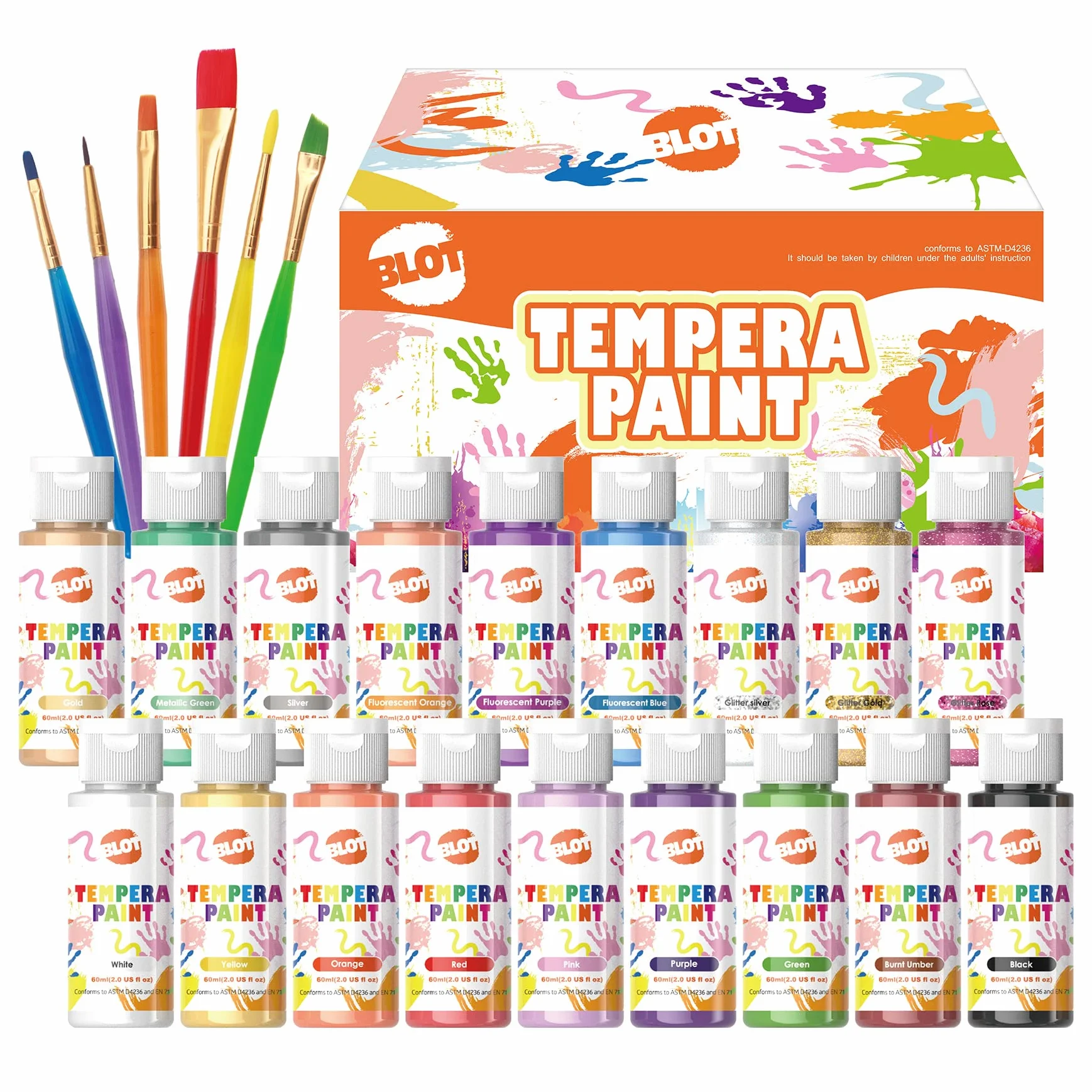 BLOT Tempera Peinture Enfants 18 Couleurs Peinture Doigt Lavable Non Toxique avec Pinceaux