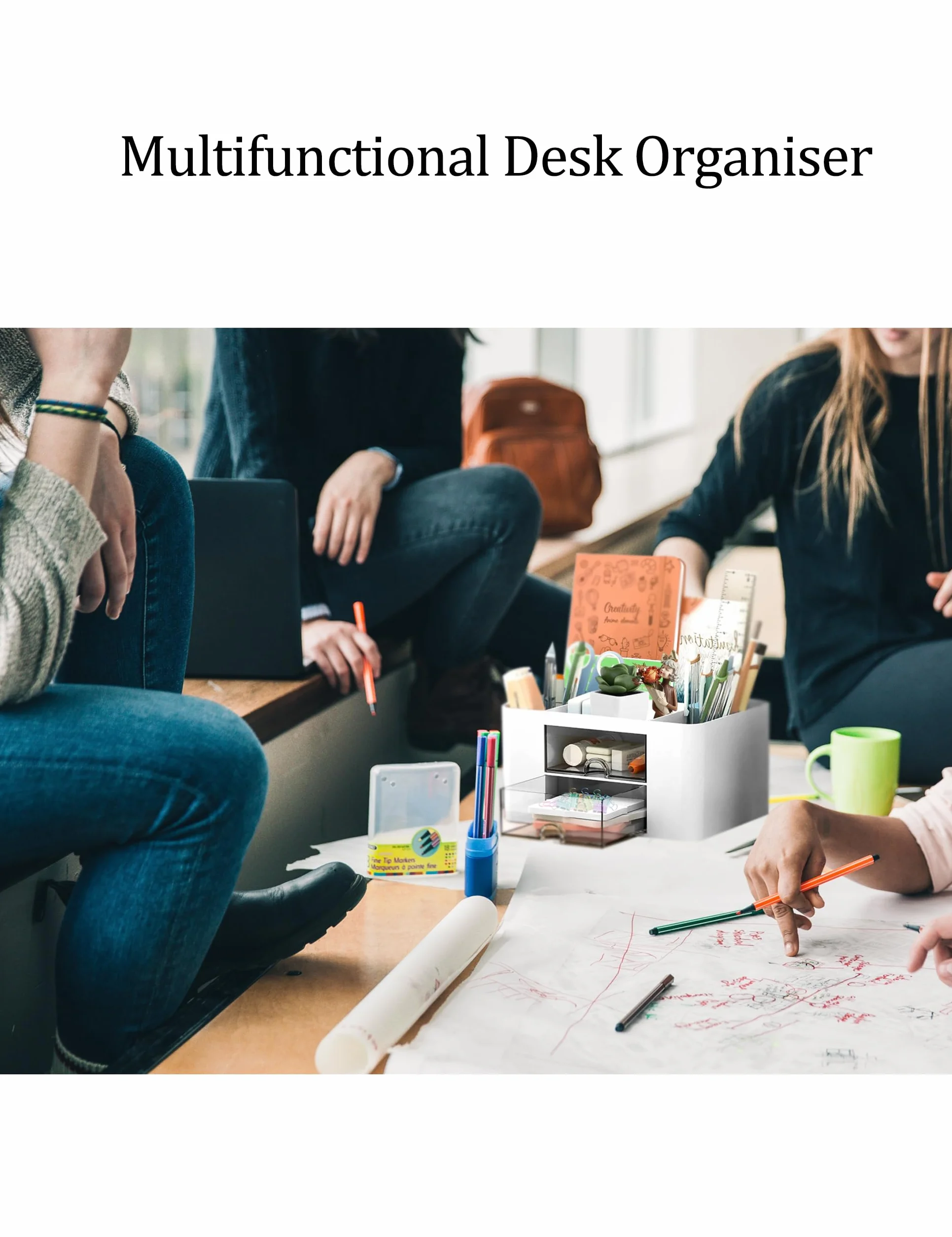 Skran Organiseur Bureau 7 Compartiments Rangement Multifonctionnel Pot à Stylo Avec Tiroir Blanc