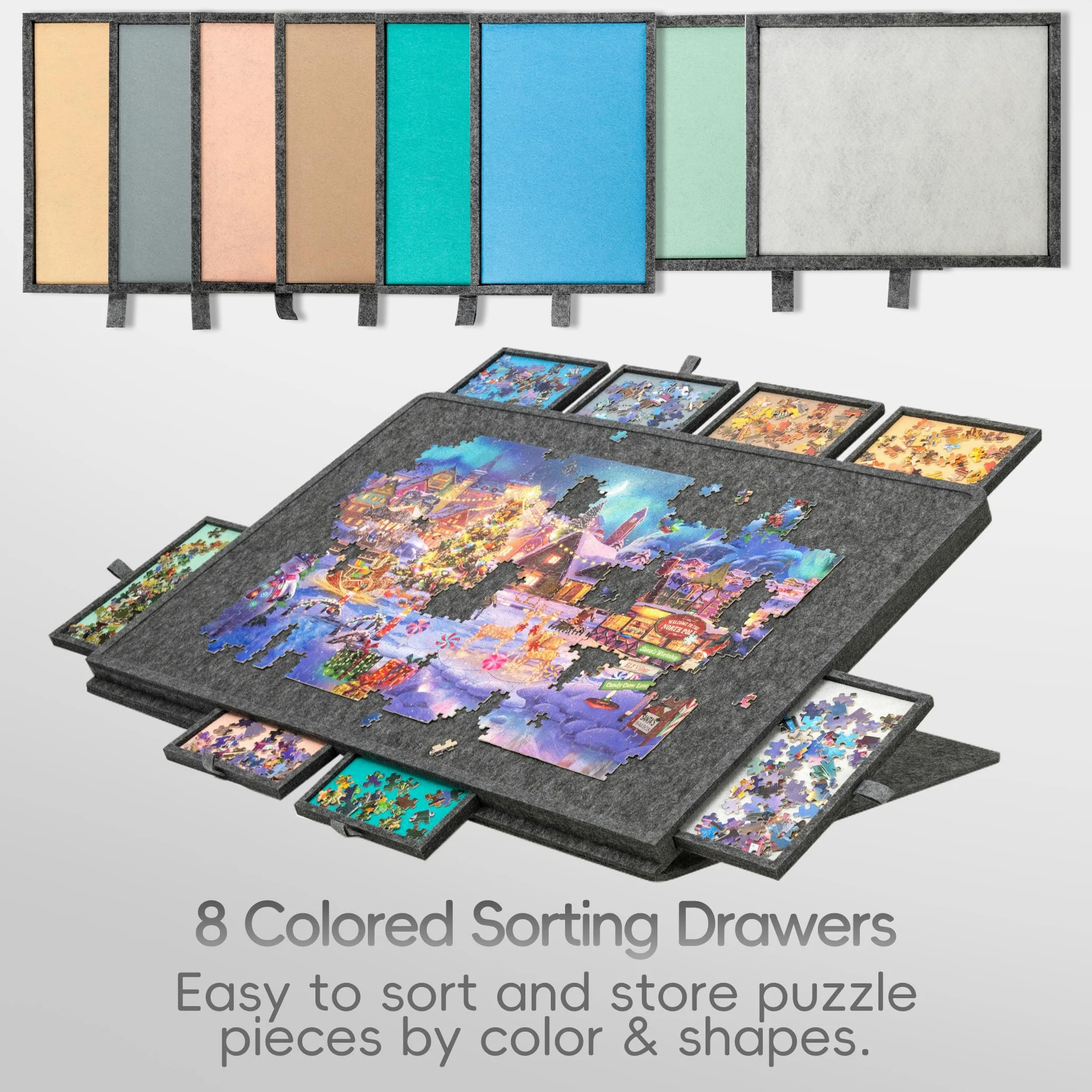 Plateau de puzzle inclinable de 1 500 pièces avec 8 tiroirs et couverture, table de puzzle réglable à 3 angles avec chevalet intégré, plateaux de jeu légers et portables avec rangement (1500