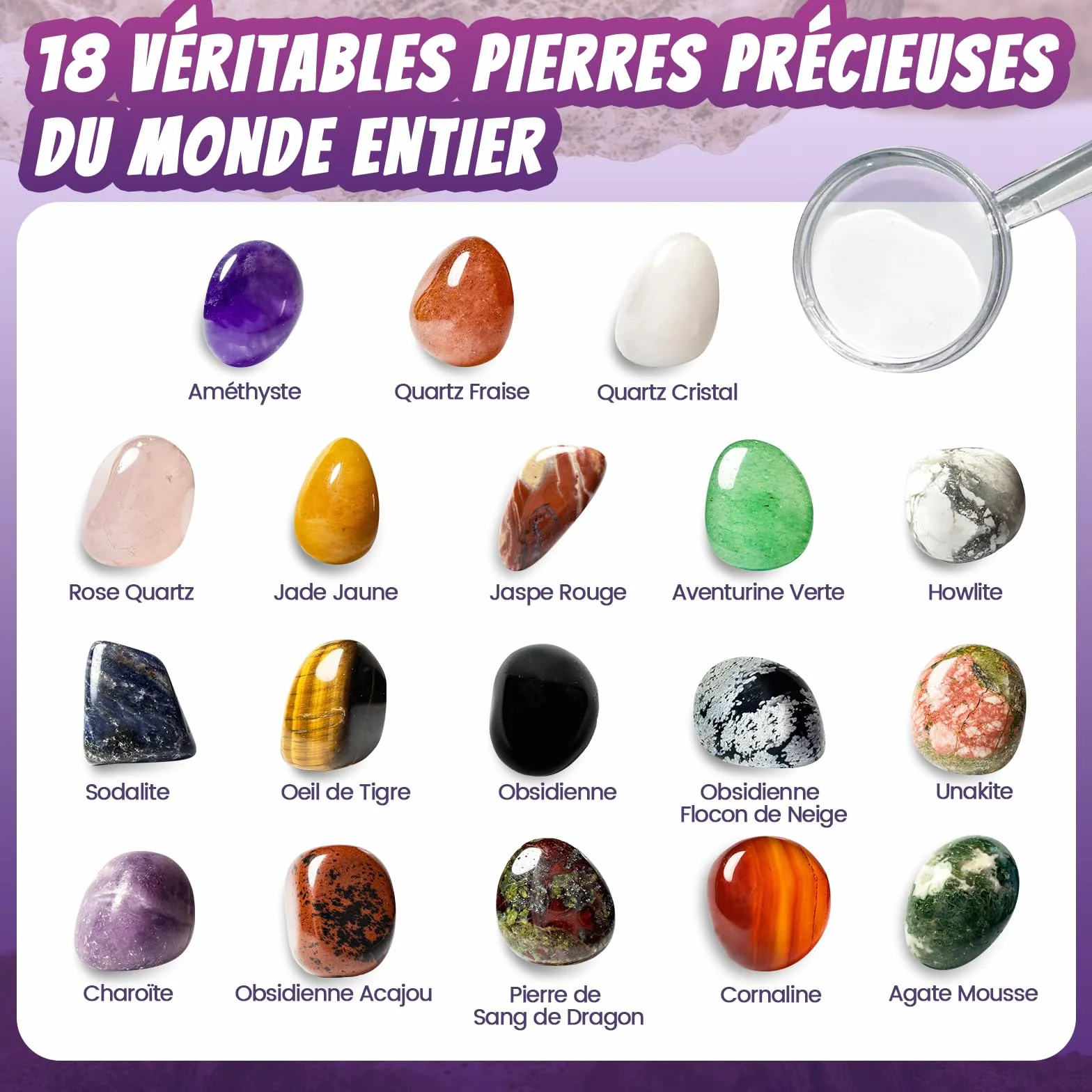 Kit de Fouille de Pierres Précieuses pour Enfants – 18 Cristaux, Minéraux et Roches Réels – Dès 8 Ans