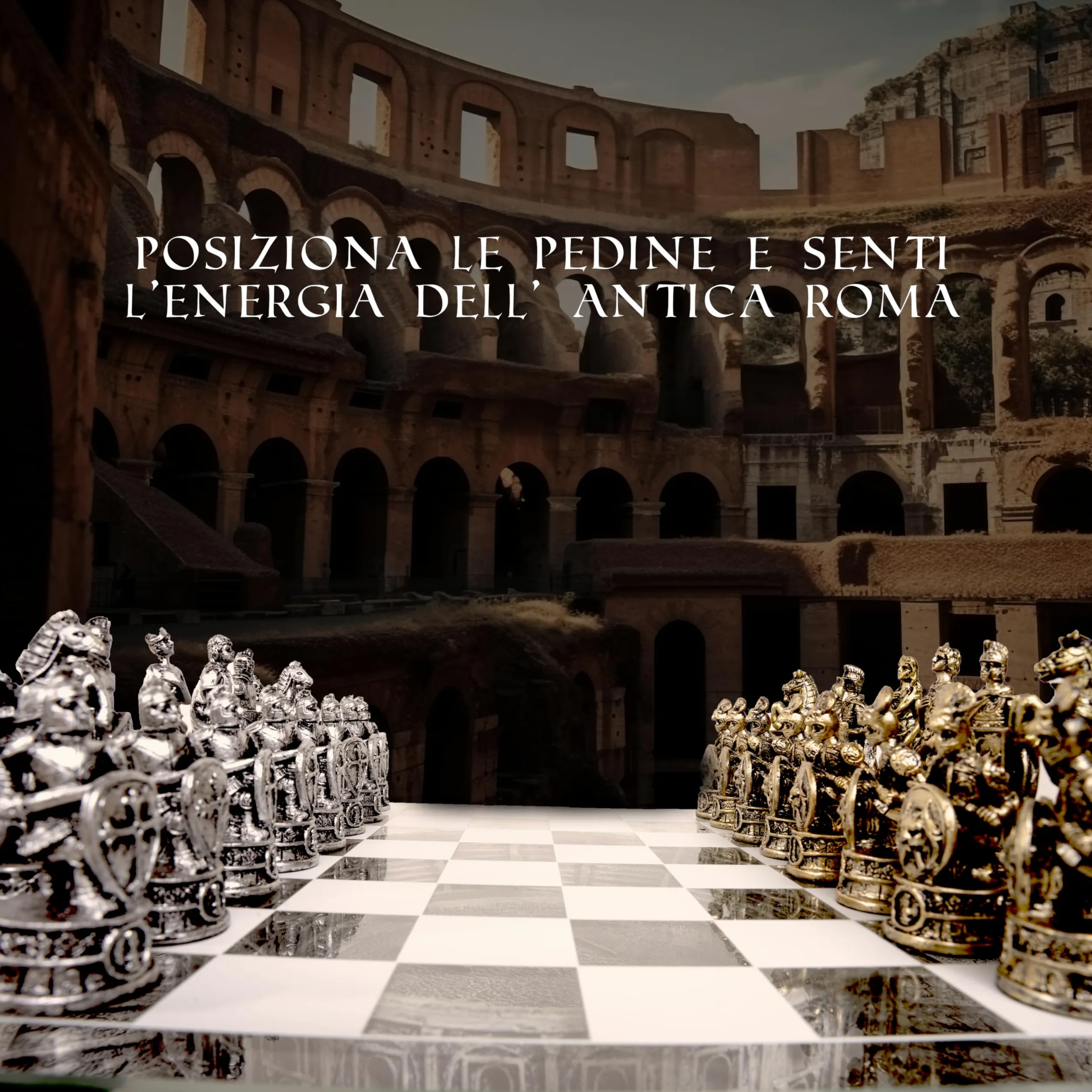 Échiquier Professionnel Rome Antique 40x40 cm avec Base Céramique | Plateau en Verre et Pièces d'Échecs en Résine Or et Argent - Jeu de Société Colisée et Empire Romain - Idée Cadeau