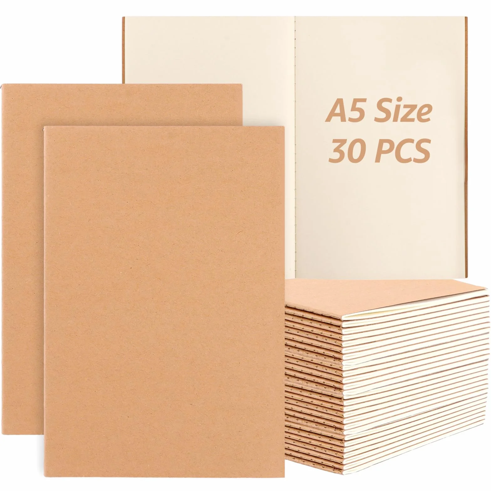 APACALI Carnet de Notes A5 30 Pcs 60 Pages Blanc avec Couverture Papier Kraft