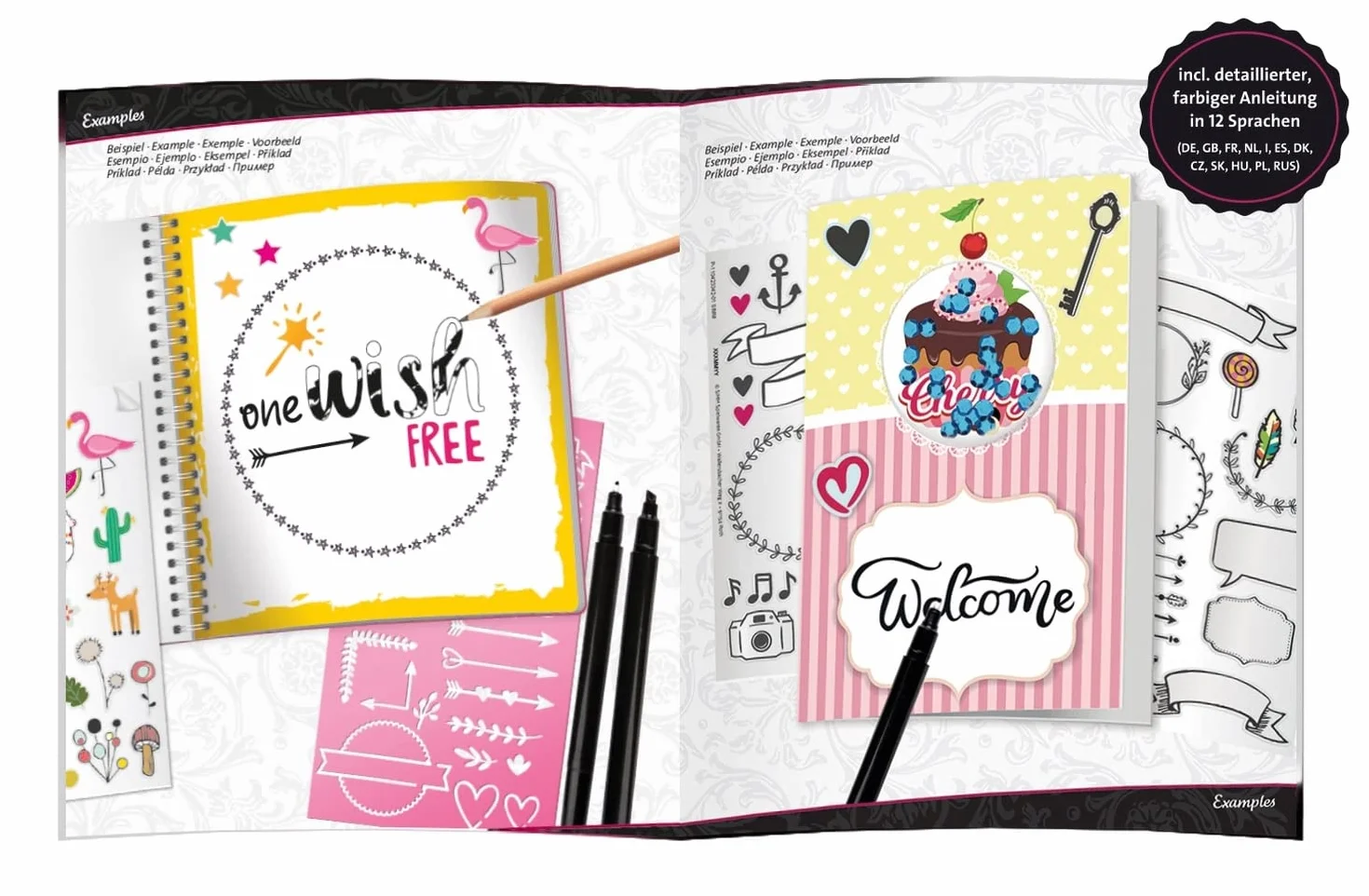 LENA Handlettering Set Grand avec carnet à anneaux, pochoirs de lettres, crayons, autocollants, cartes pliables