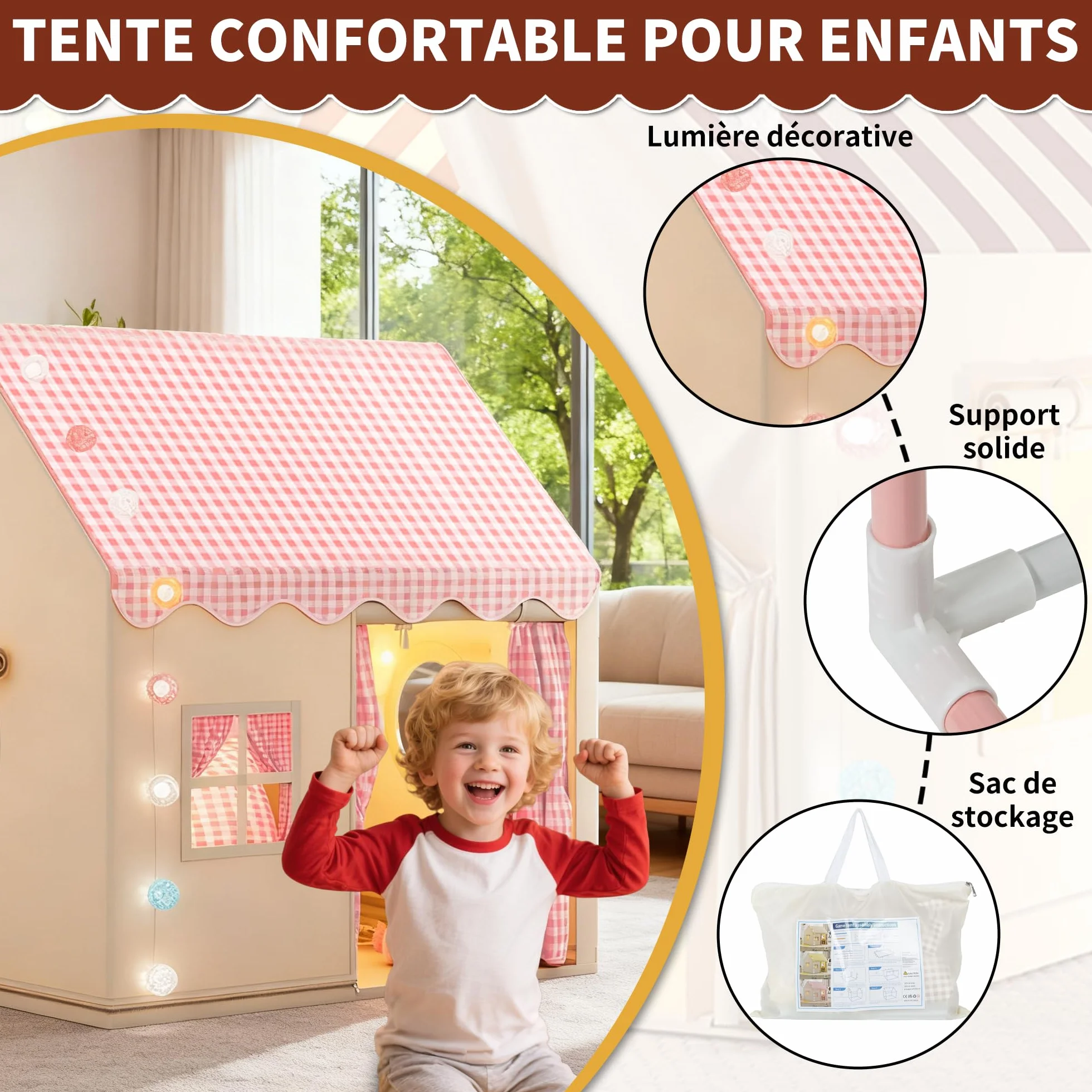 Tente de Jeu Enfant Cabane Tout-Petits avec Lumineuse Décorative Rose