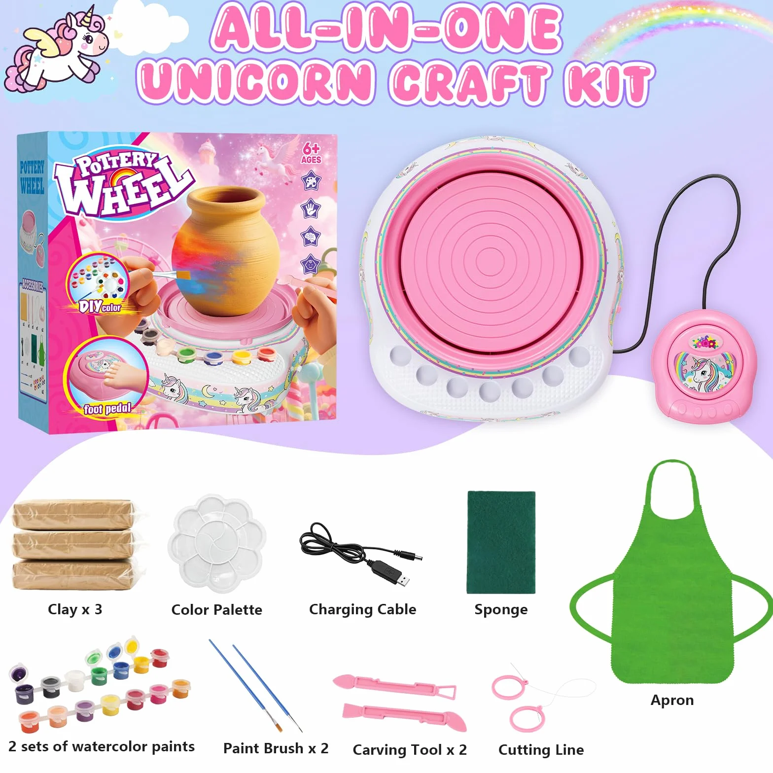 Tour de Potier Enfants 6-12 Ans Kit Complet DIY Débutants avec 3 Pâtes Auto-Durcissantes, Outils, Cadeau Anniversaire Garçons Filles Blanc