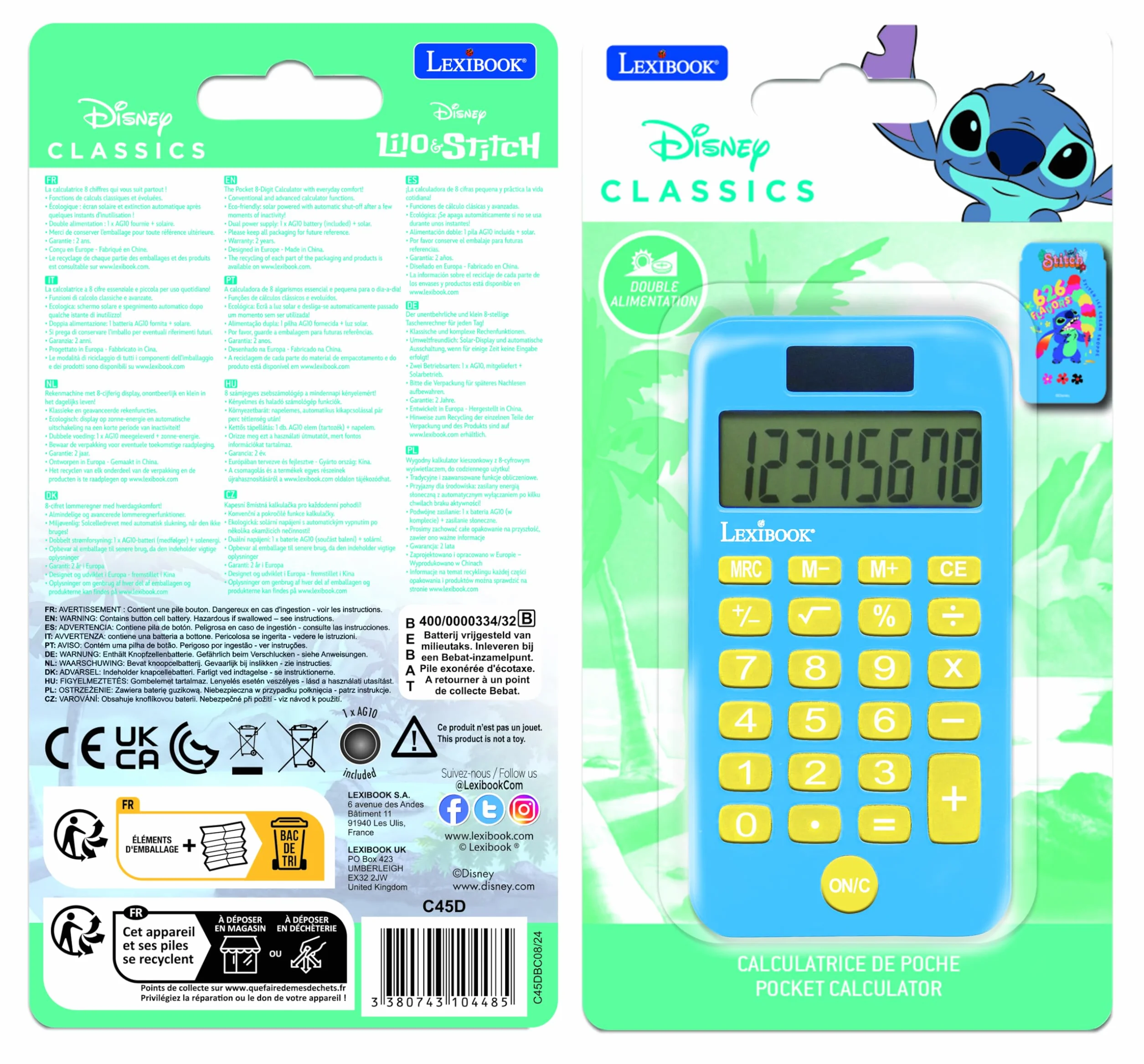 Lexibook Disney Stitch Calculatrice de Poche avec Couvercle de Protection, Fonctions Classiques et évoluées, à Piles et Solaire, Bleu, C45D