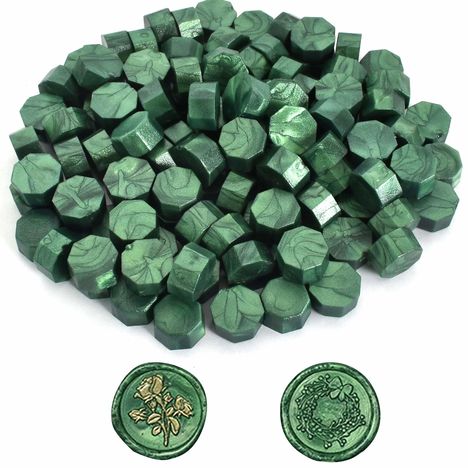 Perles de cire à cacheter octogonales vert métallisé Lot de 100 pour cachets lettres enveloppes décoration