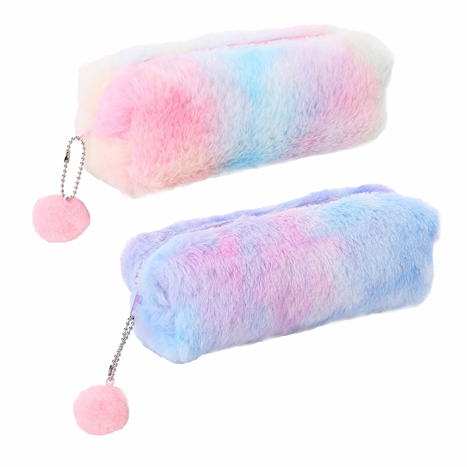 Lot de 2 Trousse à Crayons en Peluche Arc-en-Ciel - Trousse Souple Grande Capacité pour Enfants - Rose, Violet