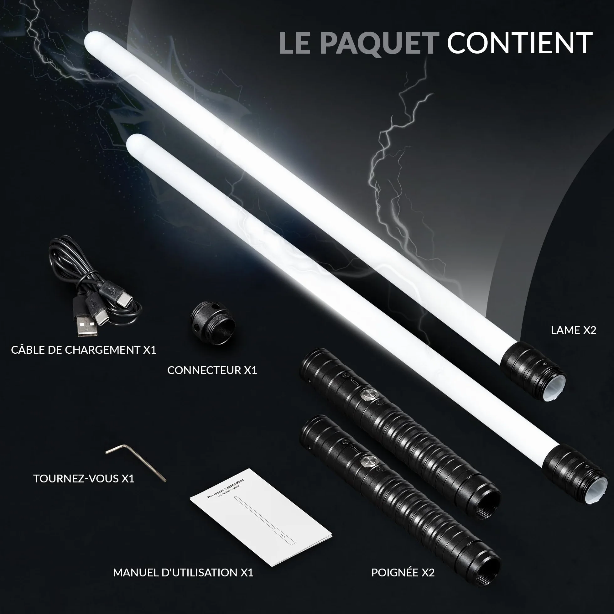Sabre Laser Enfants Adultes Lot de 2 Épée Laser Double Lame 15 Couleurs Effets Sonores Rechargeable USB Manche Métal Noir