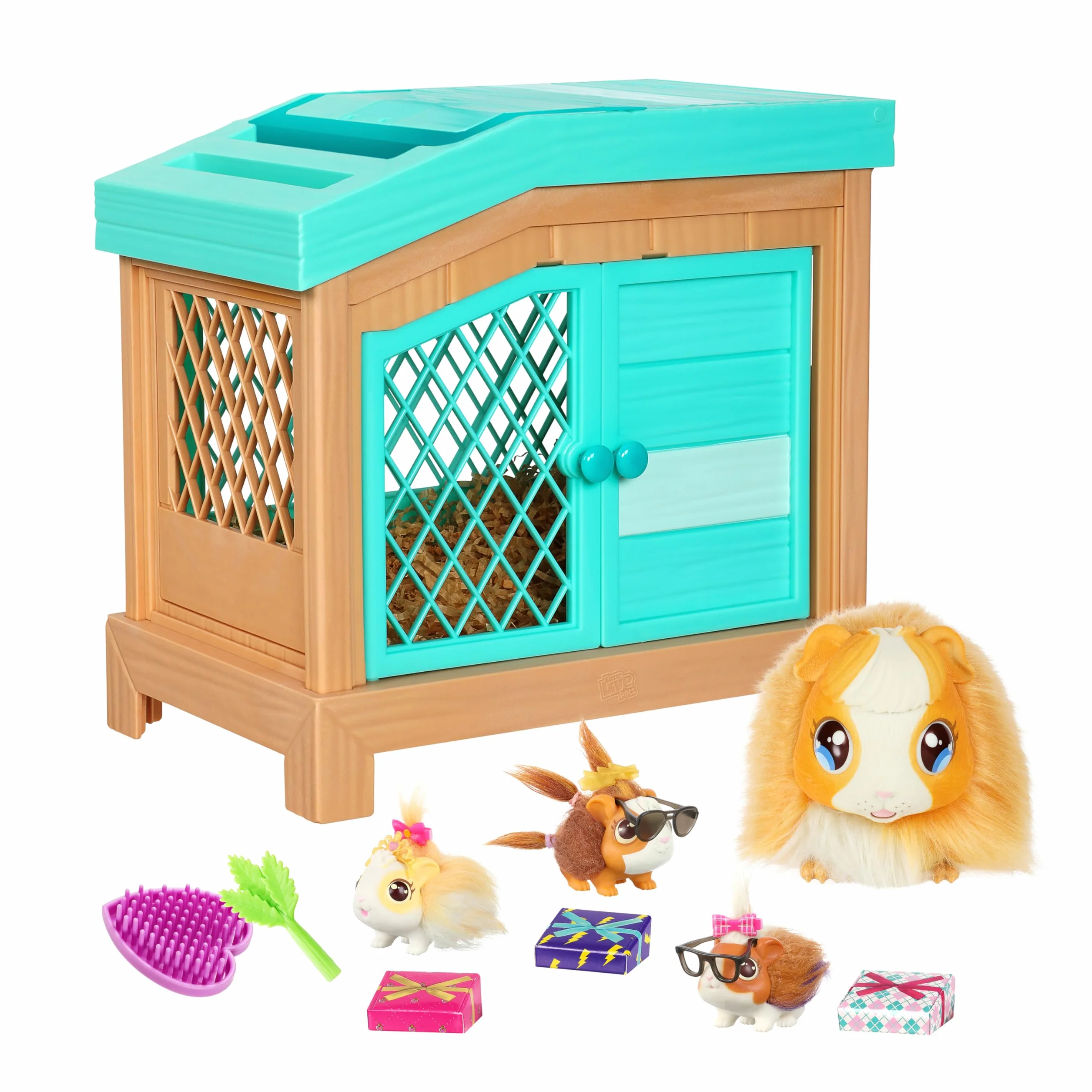 LLP Little Live Pets Mama Surprise Maman Cochon d’Inde Interactive Pelage Doux avec Clapier et 3 Bébés Surprises Sons et Réactions