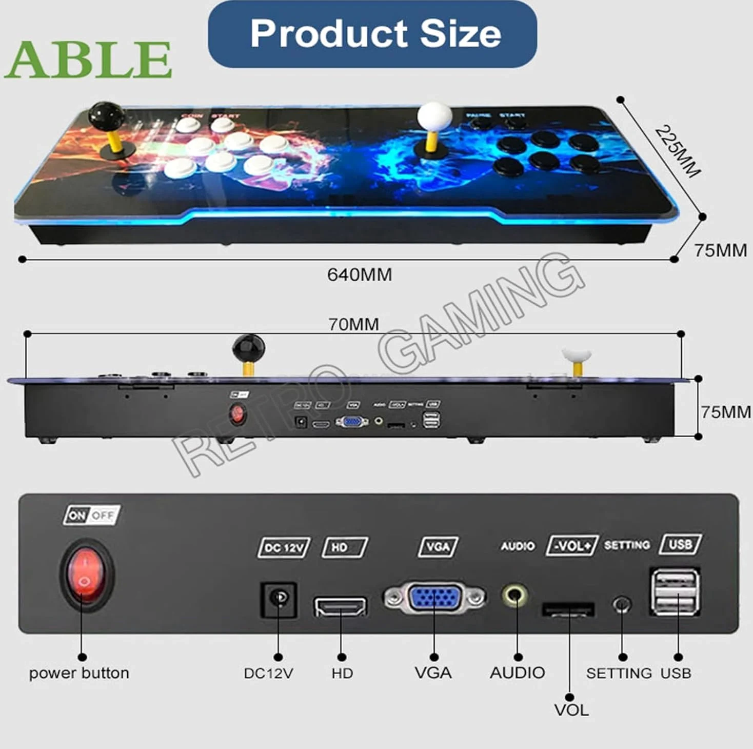 Box DX 10888 Console d'arcade rétro avec panneau lumineux RVB, joystick 8 voies et 16 boutons – Système de jeu HD 720p pour divertissement en famille (motif double poing)
