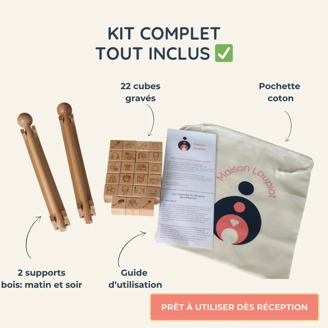 Cubes Routine Enfant Matin & Soir, Tableau Visuel 22 Cubes Pivotants en Bois, Autonomie TDAH/TSA