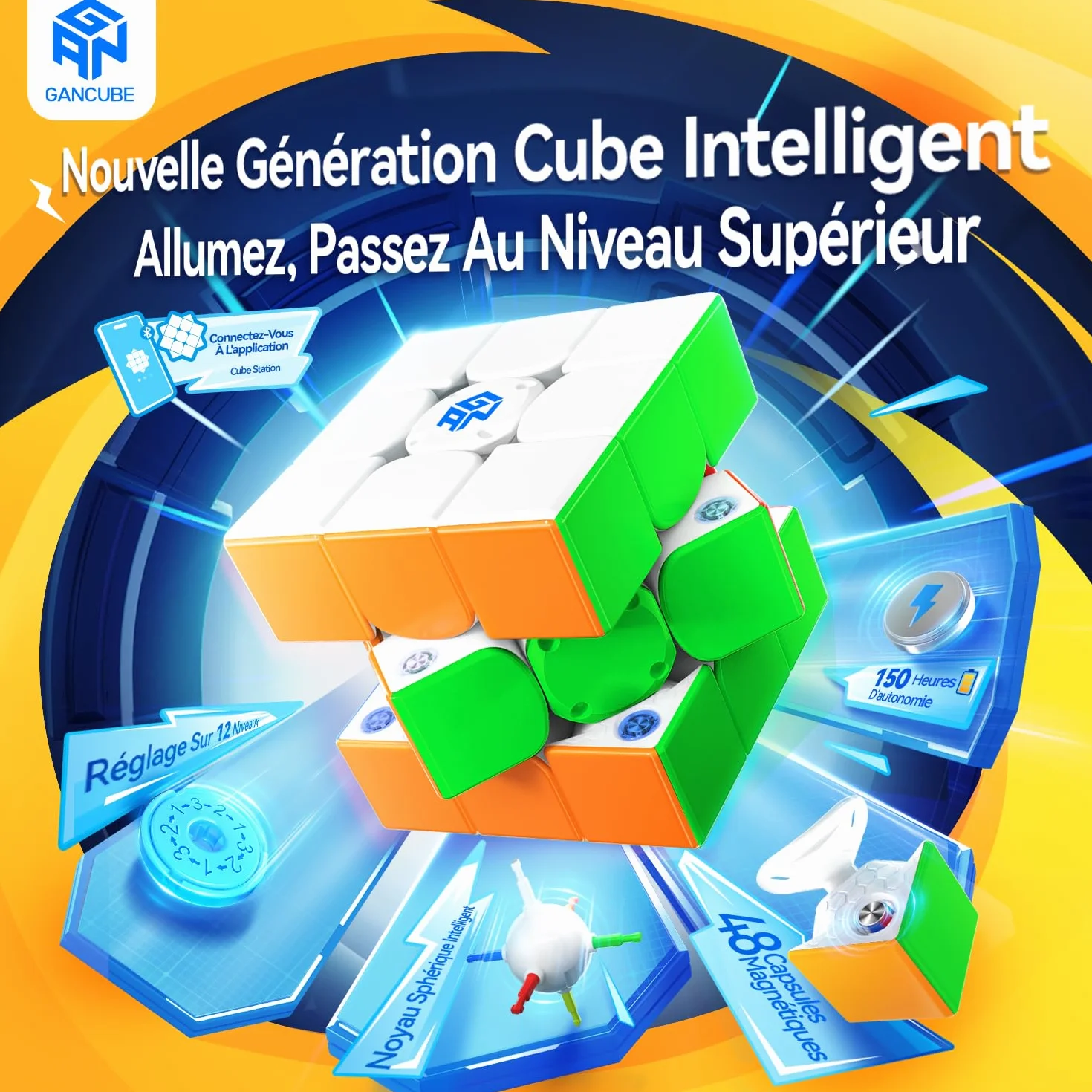 GAN356 i Carry E Smart Cube 3x3 Speed Cube Contrôle par Appli GES Pro+ 150h Autonomie Version Givrée