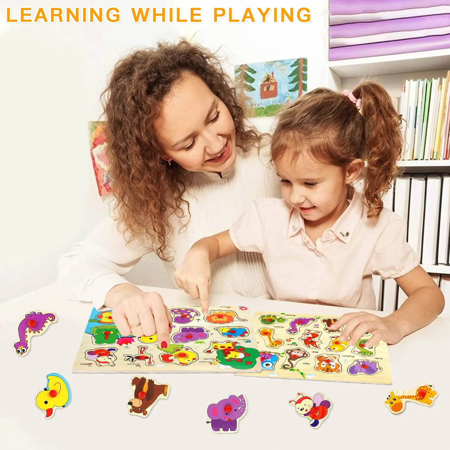 Puzzles en Bois pour Enfants 1-3 Ans, Puzzle Bois Bouton Encastrement, Cadeau Anniversaire Enfant
