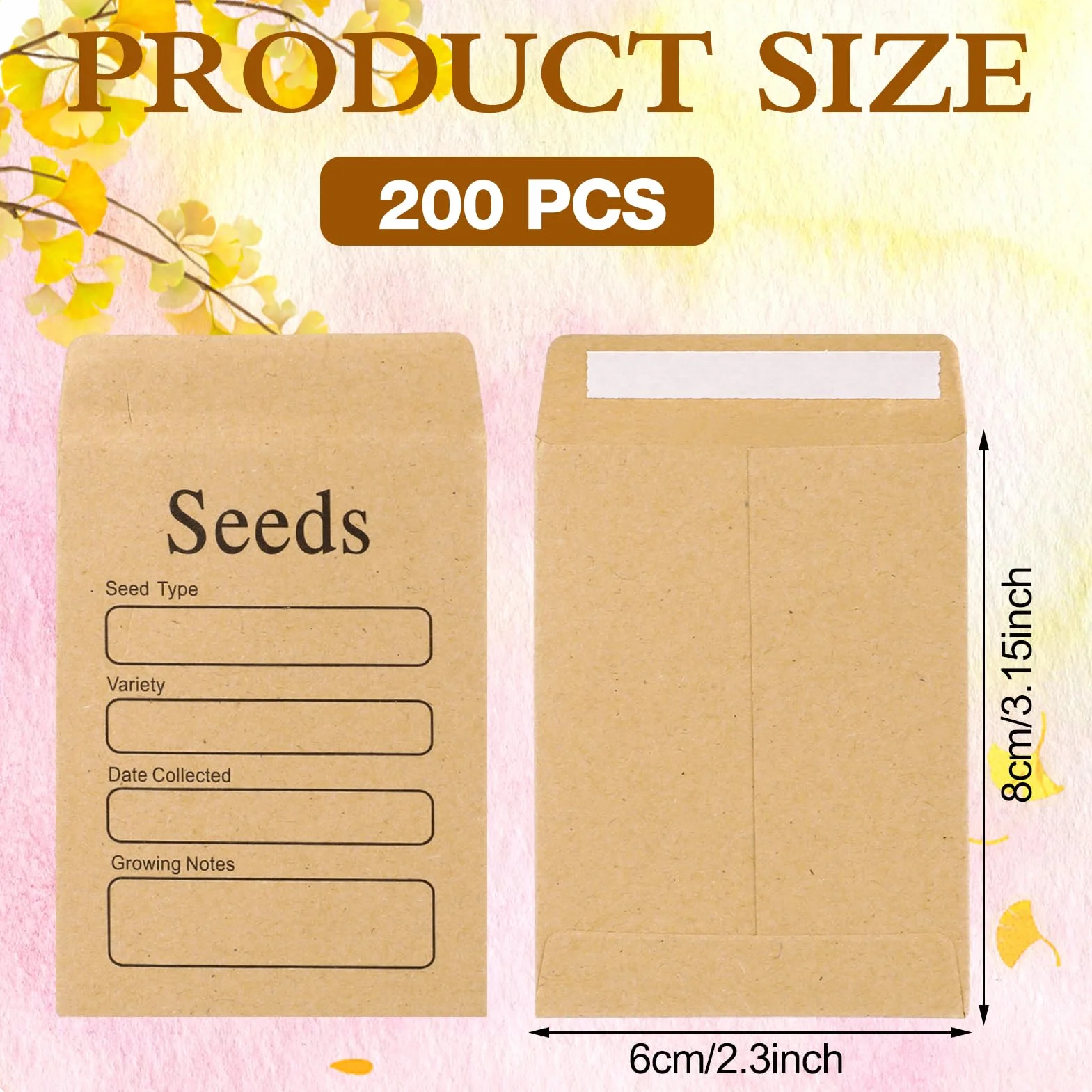 FRIUSATE Lot de 200 enveloppes de semences autocollantes en papier kraft marron 6 x 8 cm