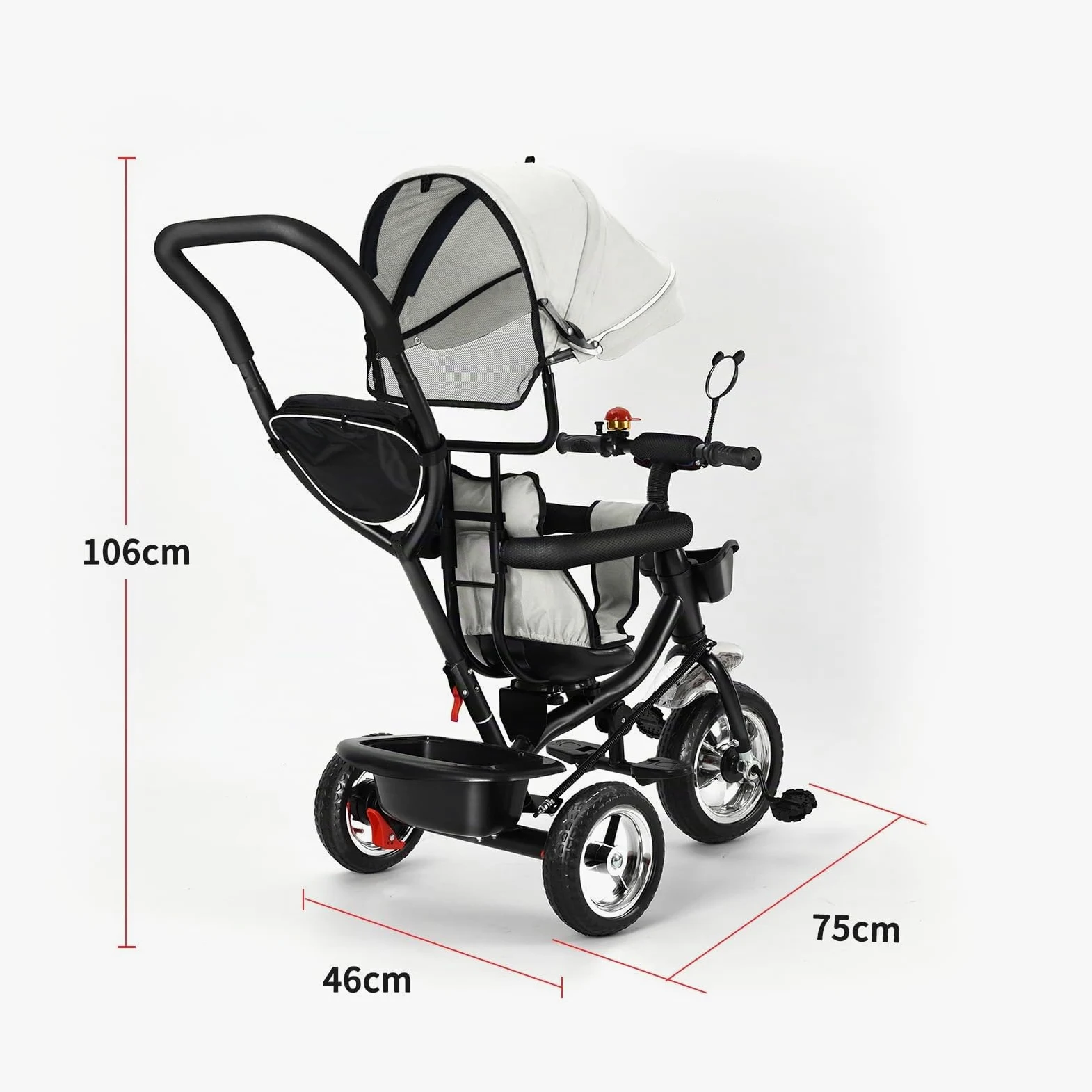 Poussette 3 Roues HUOLE, jusqu'à 25 kg, Trois Roues 3 /Pliable d'une Main/Légère - 7,5 kg/Porte Gobelet Inclus/Grande Panier -4 en 1 - gris clair