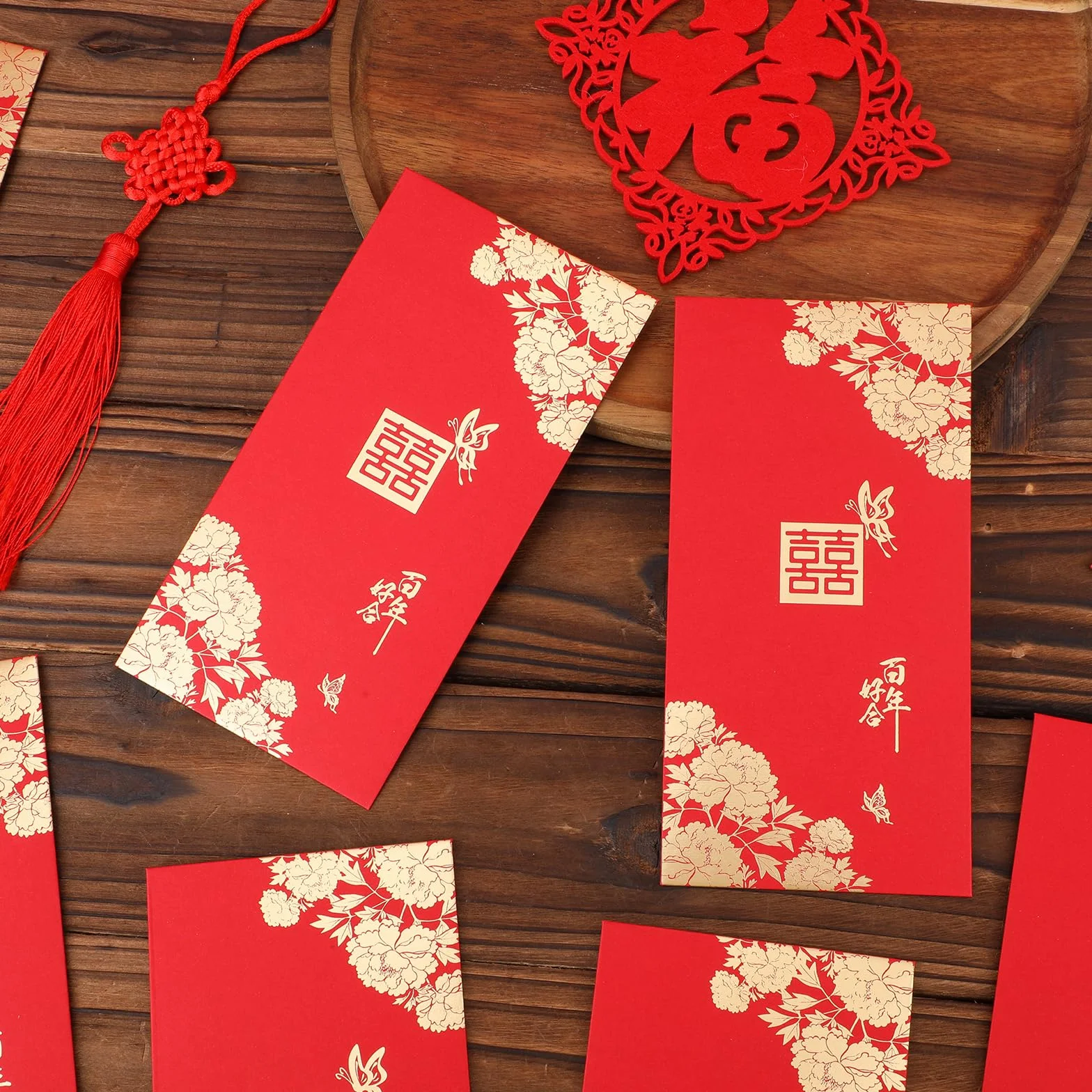 Enveloppes Rouges de Mariage Double Bonheur Hong Bao pour Jeunes Mariés 10pcs