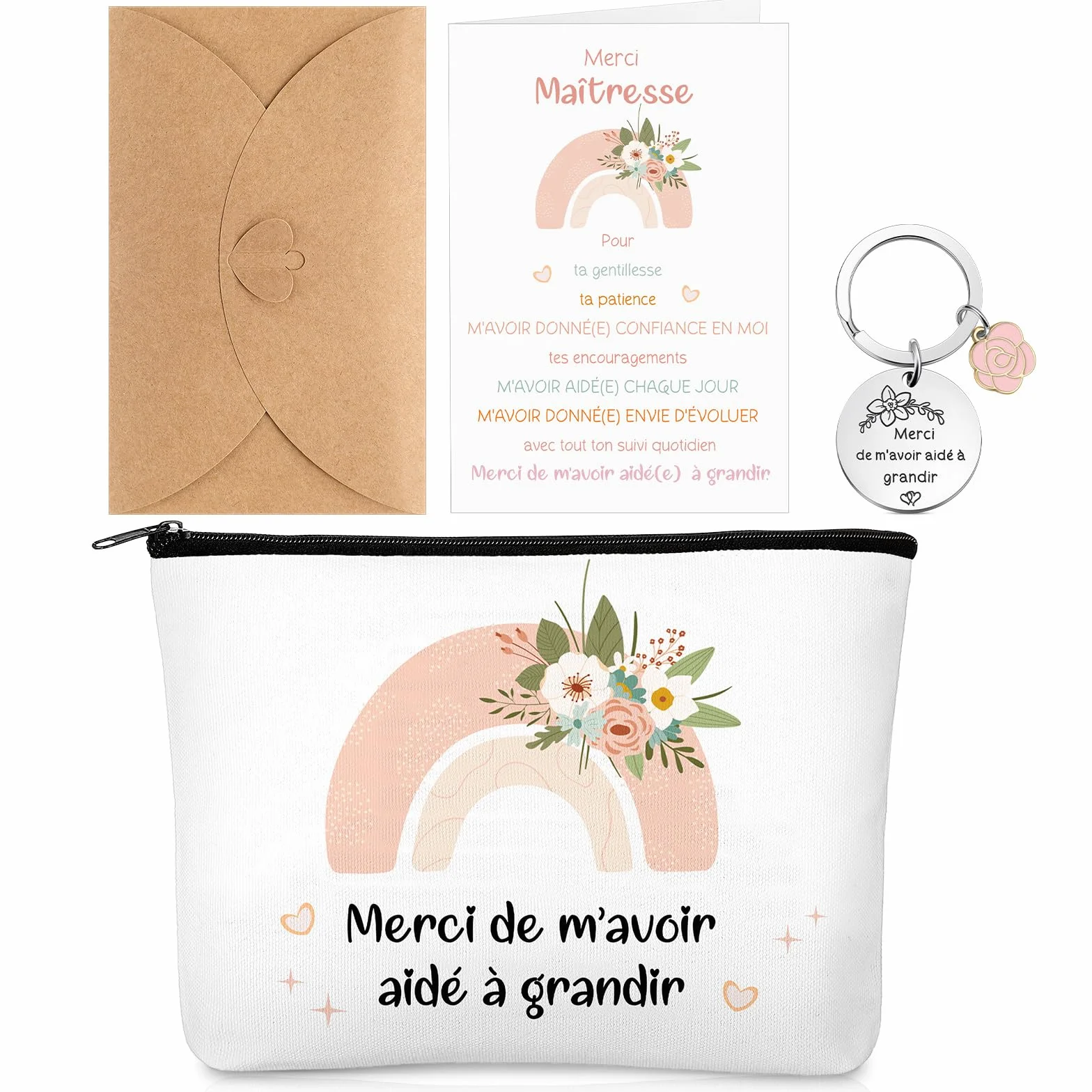 Cadeau de Remerciement pour Maîtresse Professeur 4 Pièces Trousse de Maquillage Porte-Clés Carte Arc-en-Ciel avec Enveloppe