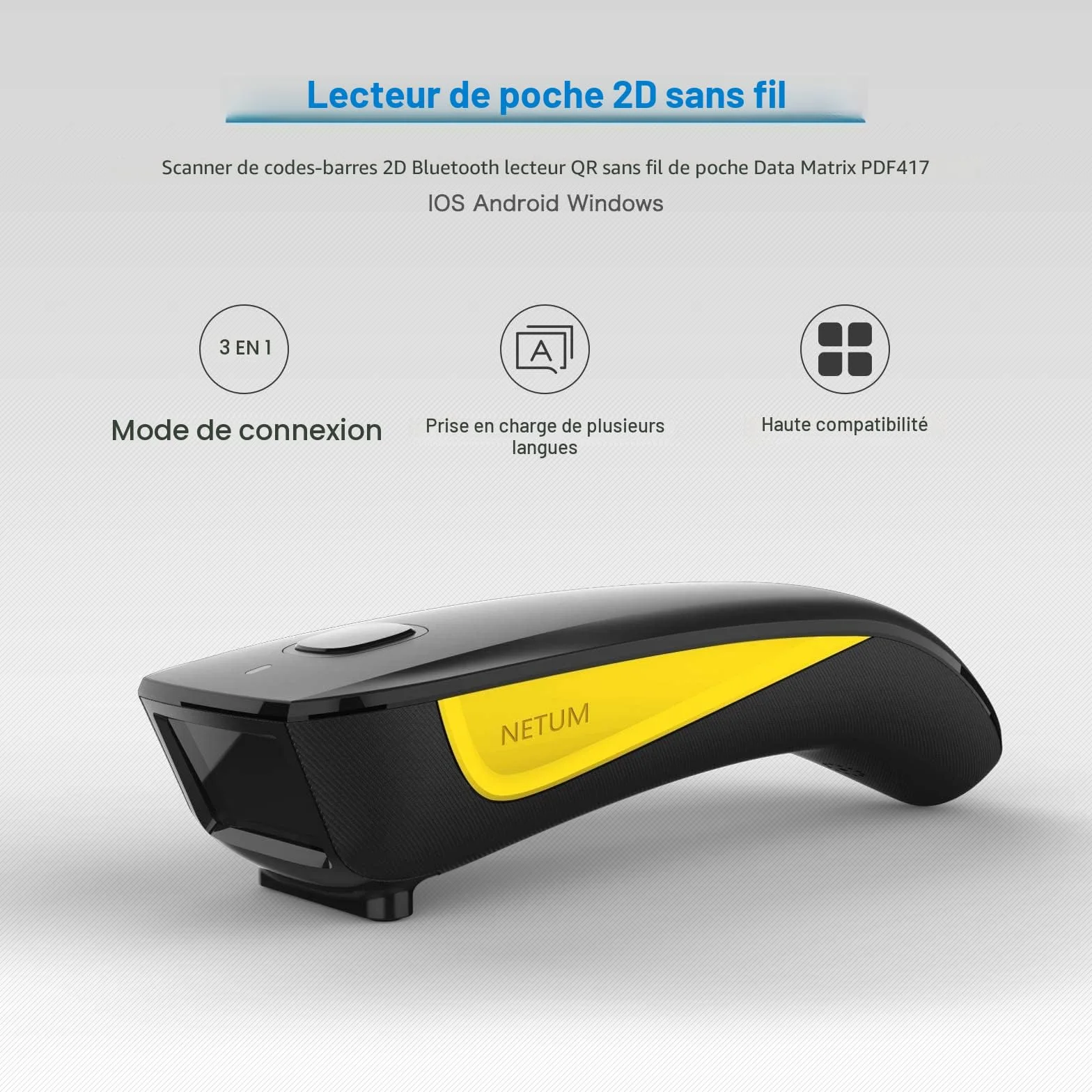 NETUM C750 Bluetooth 2D Barcode Scanner sans Fil QR pour Tablette iPhone iPad Android iOS PC POS