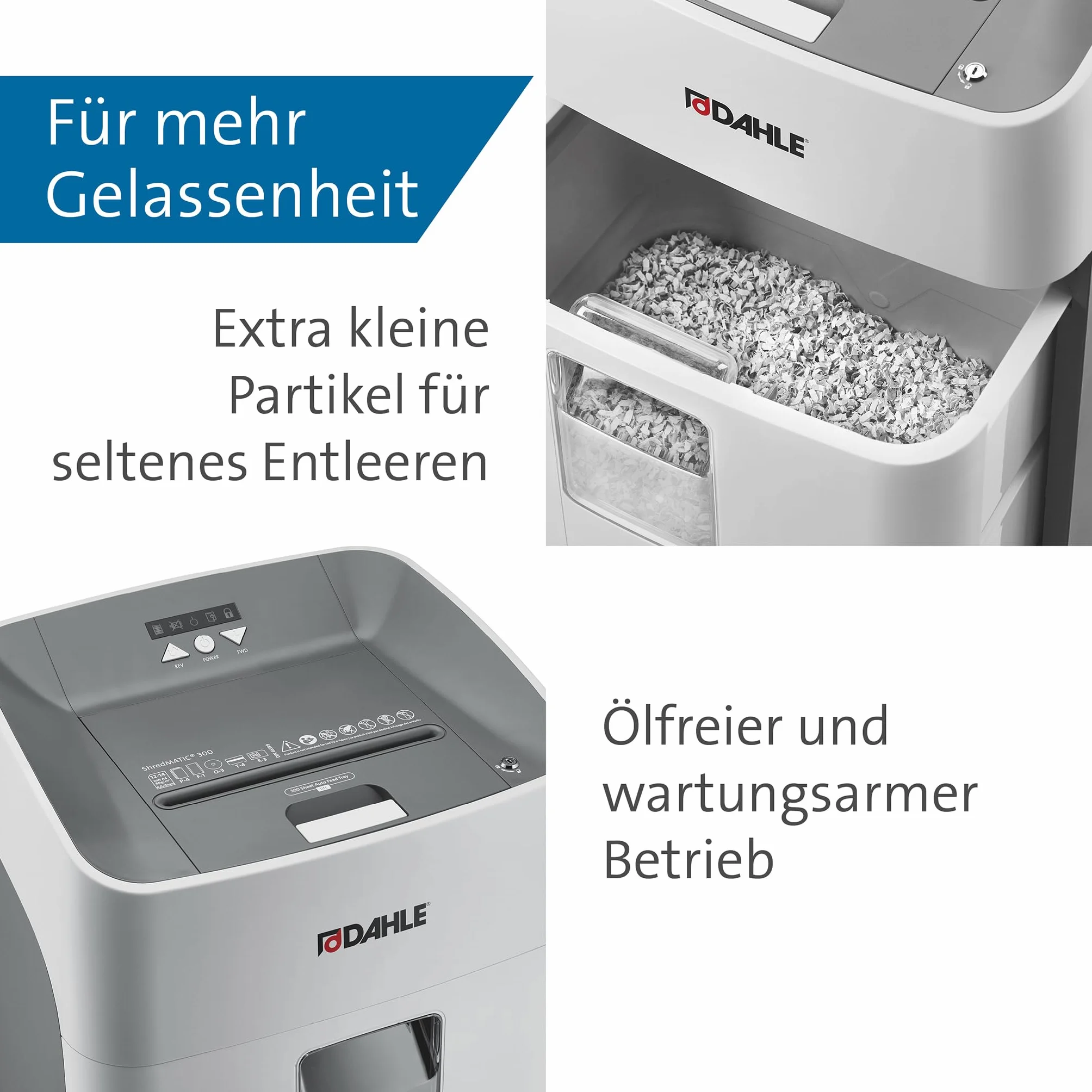Dahle ShredMATIC 300 Destructeur automatique 300 feuilles sans huile anti-bourrage coupe croisée 40 L Gris