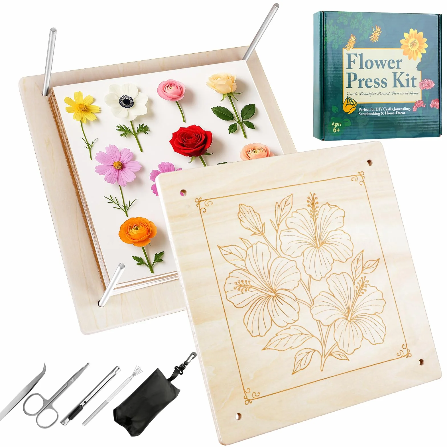 Kit de presse à fleurs en bois 27,5 x 27,5 cm pour plantes séchage bricolage réutilisable