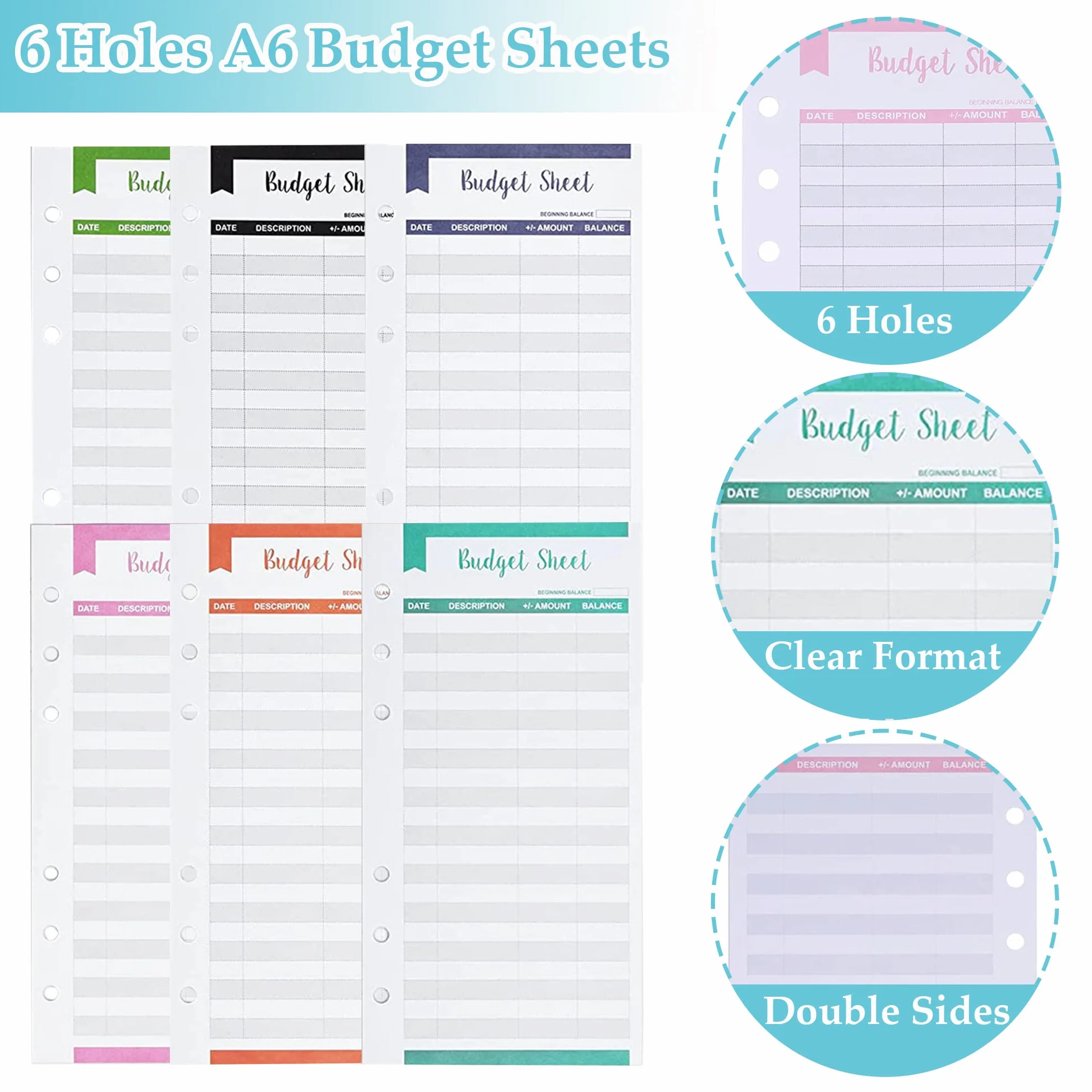 Planificateur de budget A6 6 trous 24 feuilles avec étiquettes autocollantes recharge papier