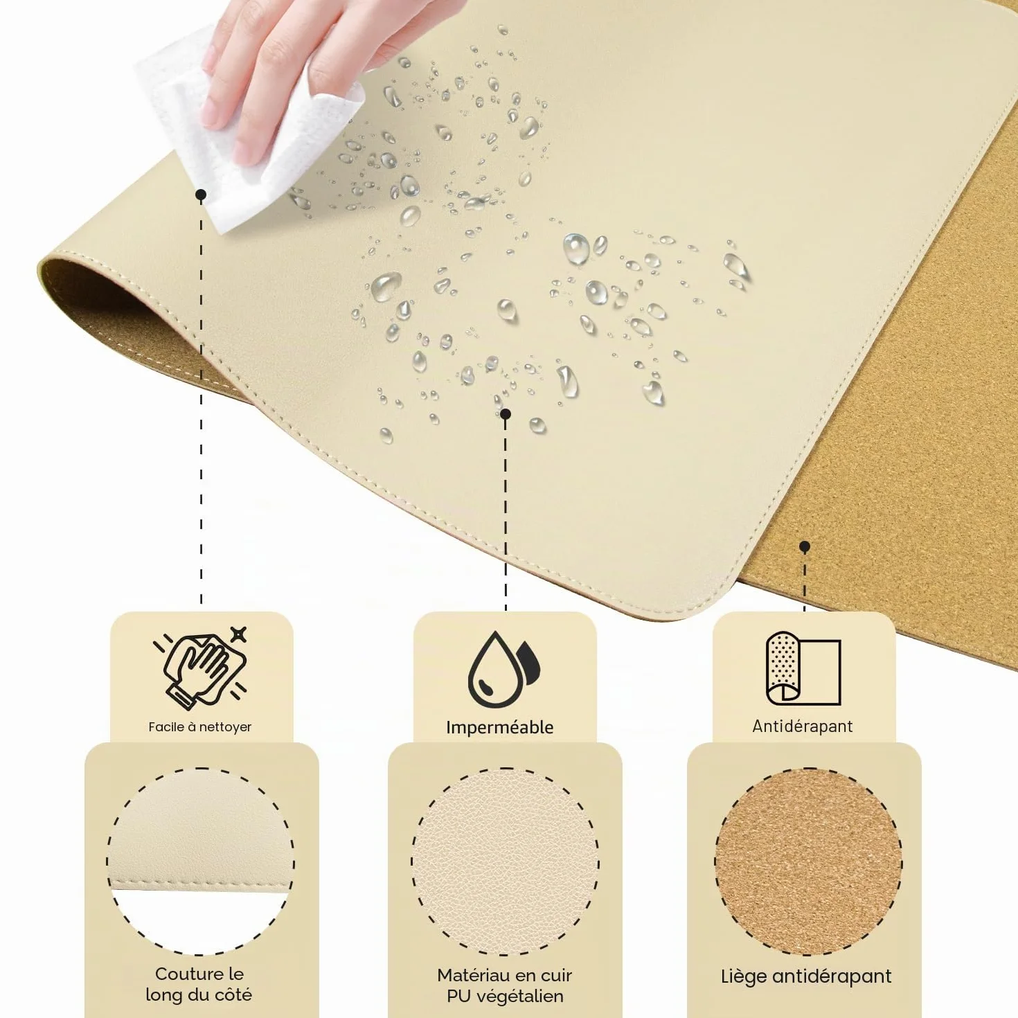 Tapis de Bureau Antidérapant en Liège Naturel et Cuir, Tapis de Souris Large Portable Facile à Nettoyer, Abricot 60x34CM