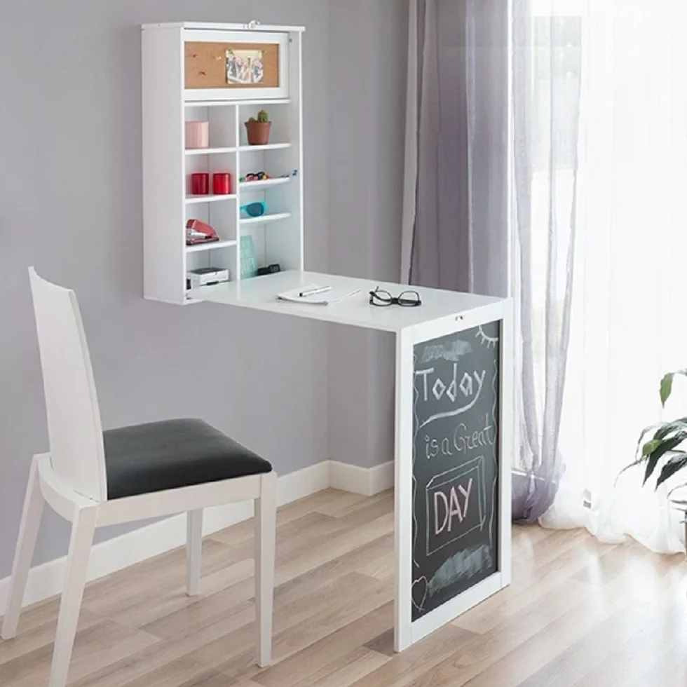 Bureau Mural Pliable en Bois Blanc avec Ardoise et Panneau Liège 50x80x18 cm (plié) 50x155x93 cm (déplié)