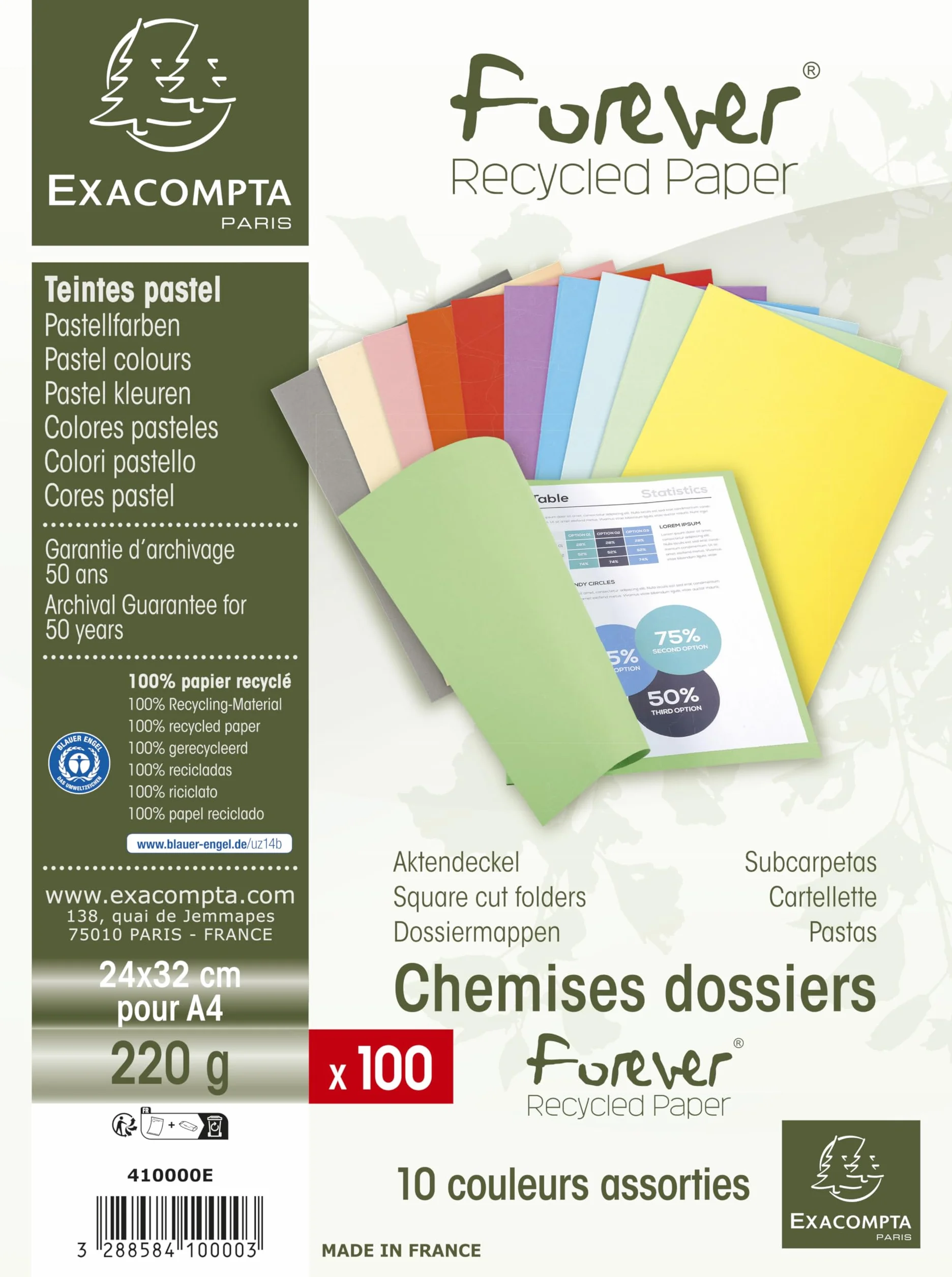 Exacompta Forever® 220 g/m2 chemises rigides 100% recyclées A4 24x32 cm paquet de 100