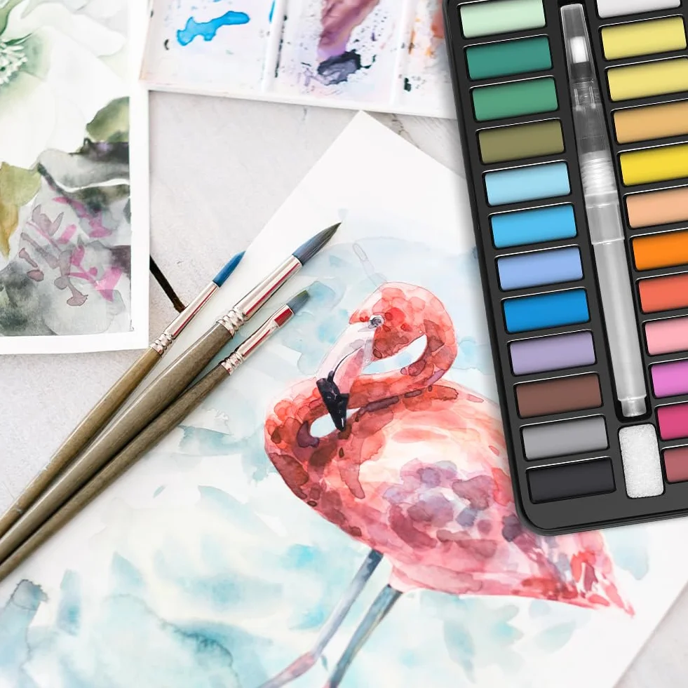 Kit de Peinture Aquarelle 24 Couleurs avec Brosses et Éponges, Palette de Poche pour Artistes