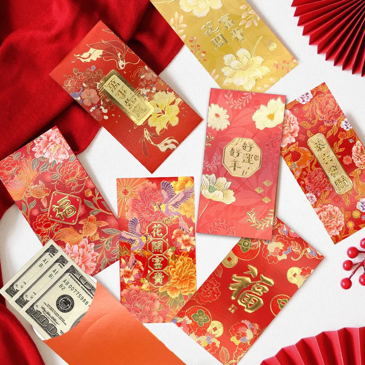 Enveloppes Rouges Hong Bao pour le Nouvel An Chinois, Grandes Enveloppes Porte-Bonheur pour Argent Liquide, Paquets Rouges Lai See