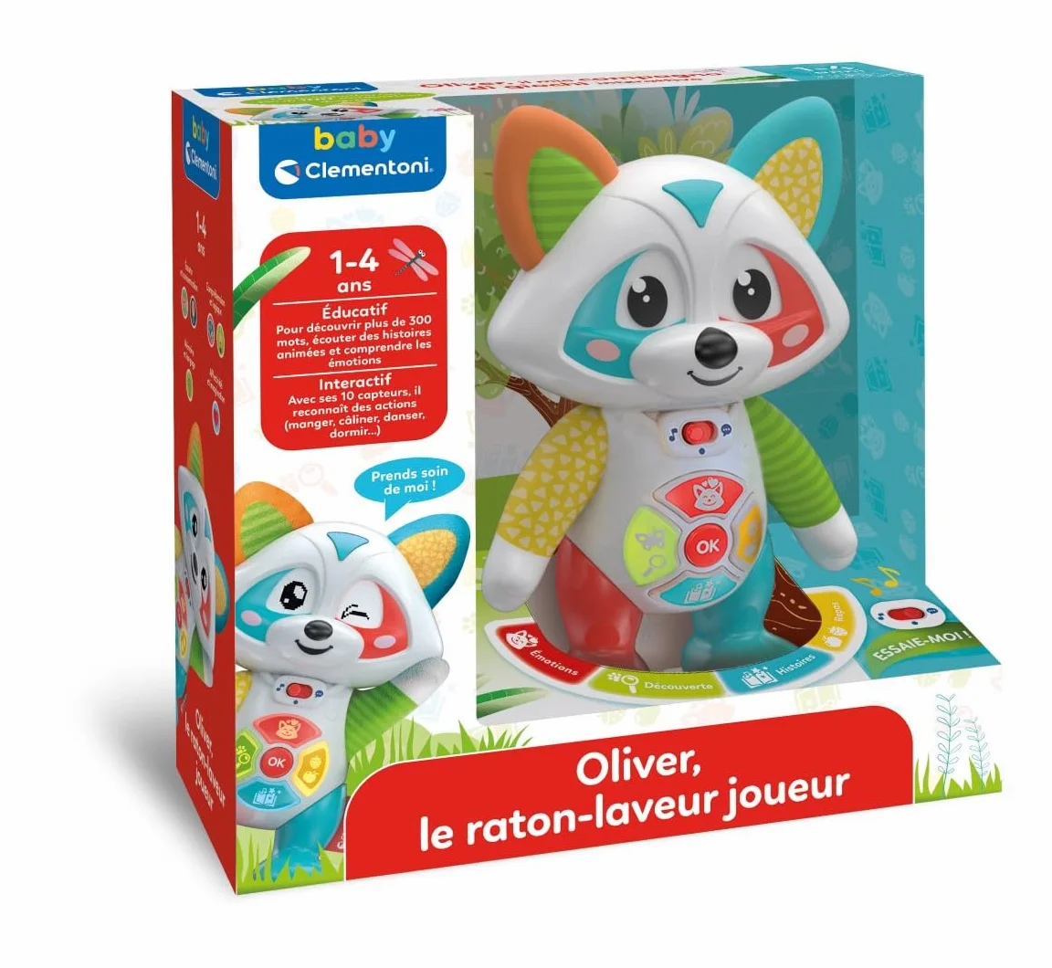Clementoni Oliver Le Raton Laveur Joueur Interactif dès 2 Ans 3 Modes de Jeu Émotions Histoires Repas