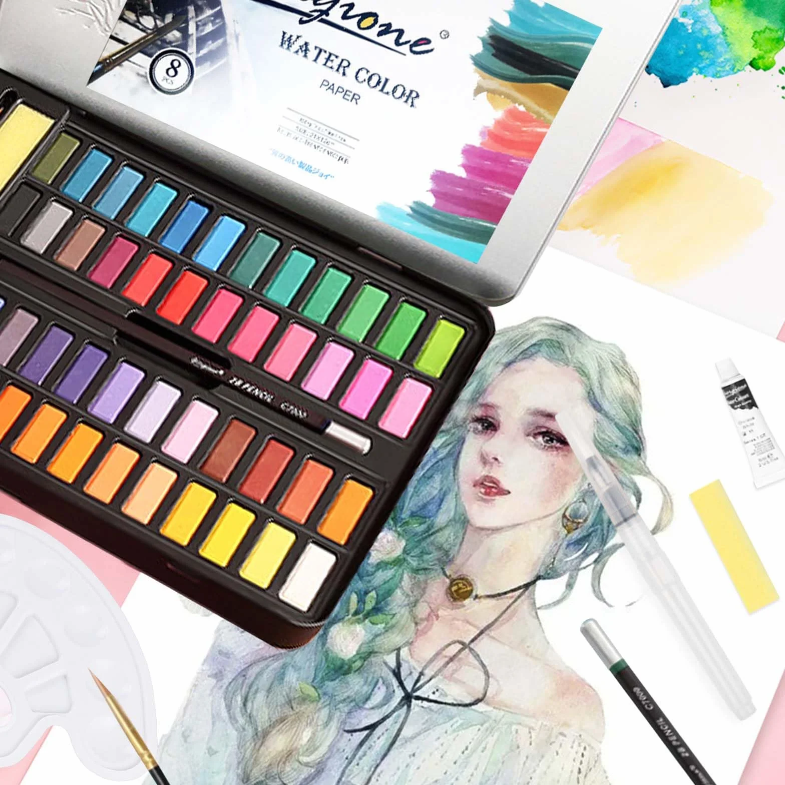 Peinture aquarelle 48 couleurs vives boîte portable palette pour débutant enfant adulte