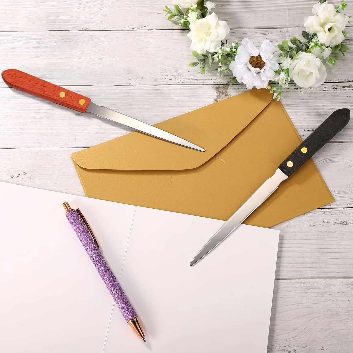 Lot de 2 Ouvre-Lettres en Acier Inoxydable avec Manche en Bois, Ouvre-Enveloppes Multifonctions