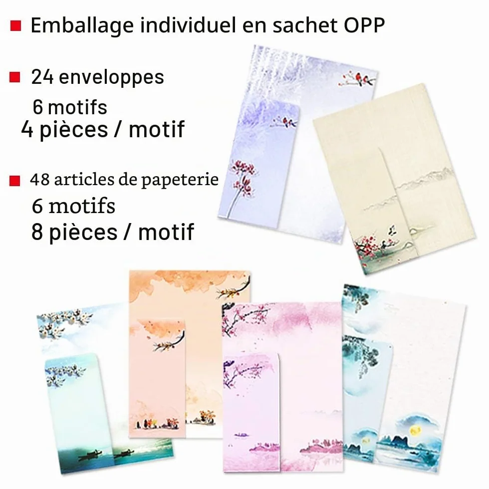 Papier à Lettre Japonais 48 Feuilles 24 Enveloppes Auto-adhésives 6 Assortis pour Imprimante