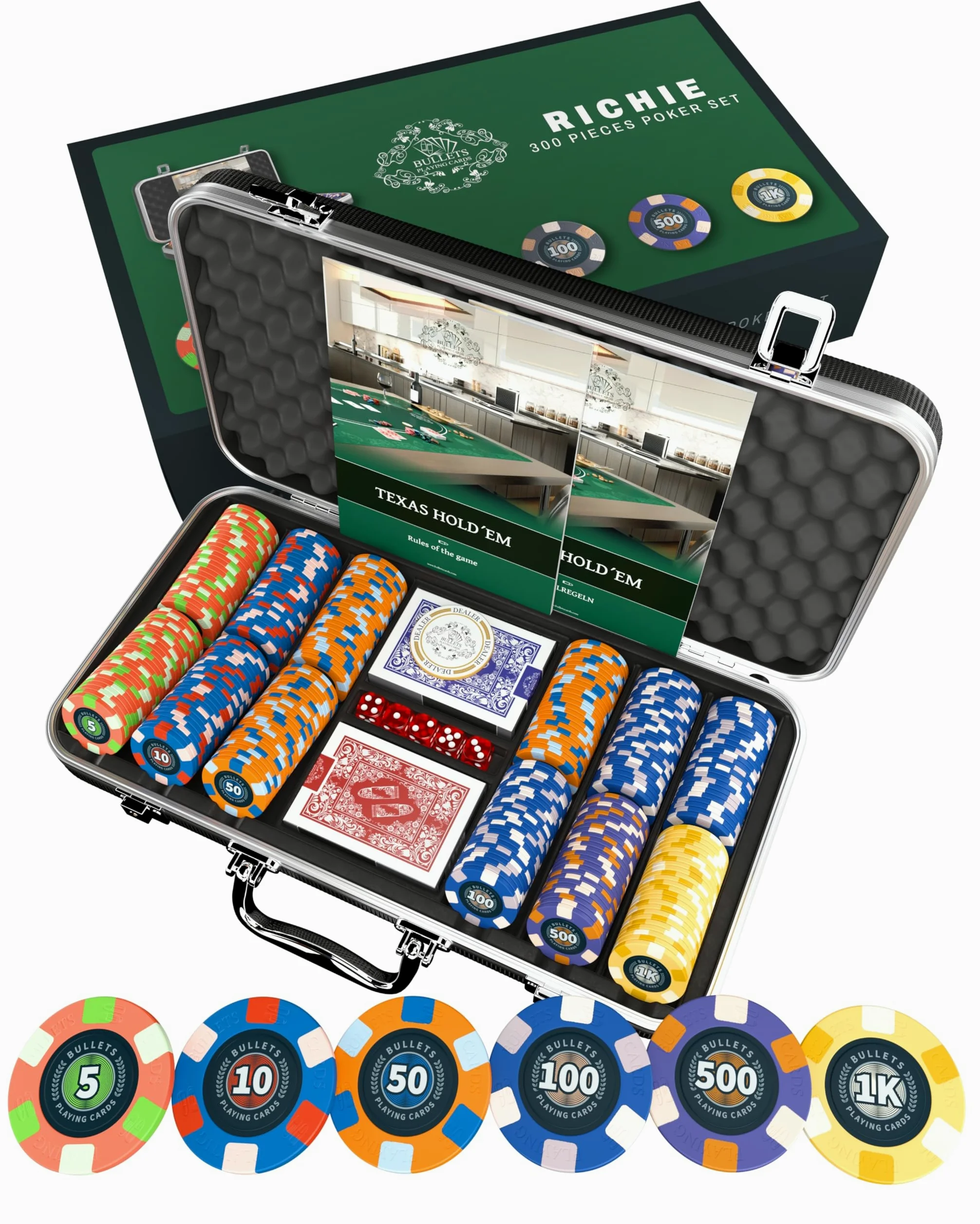 Bullets Playing Cards | Mallette de Poker 300 Jetons Céramique – Coffret Complet avec Cartes, dés et Bouton Dealer ─ Design Richie