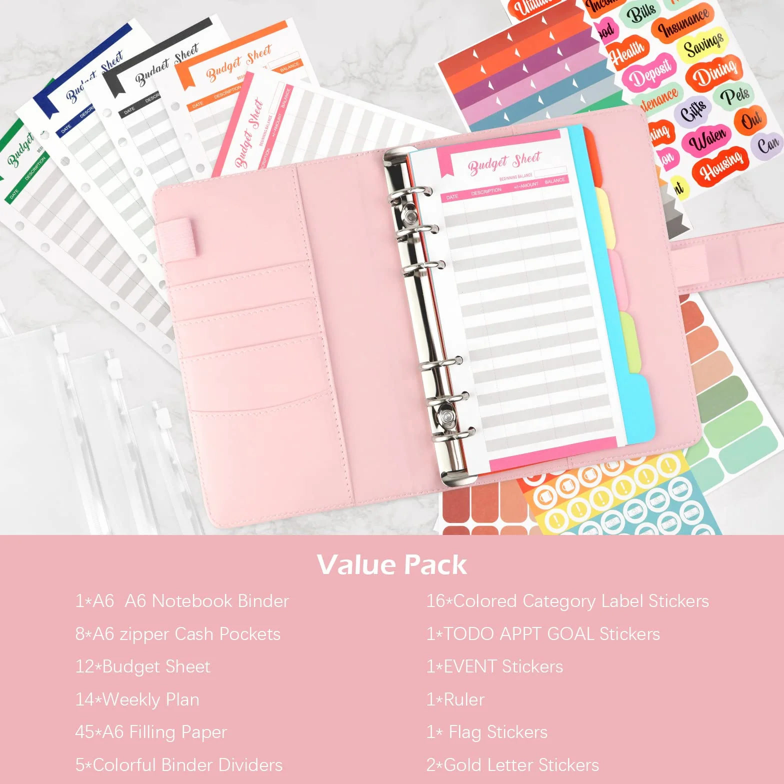 LTZGO Budget Planner Classeur A6 Cuir PU Organisateur Budget 8 Pochettes 40 Tableaux Rose